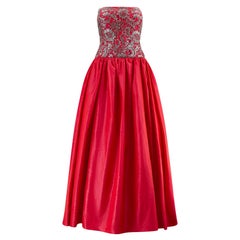 1990 Escada Couture - Robe en taffetas de soie rouge et dentelle métallique