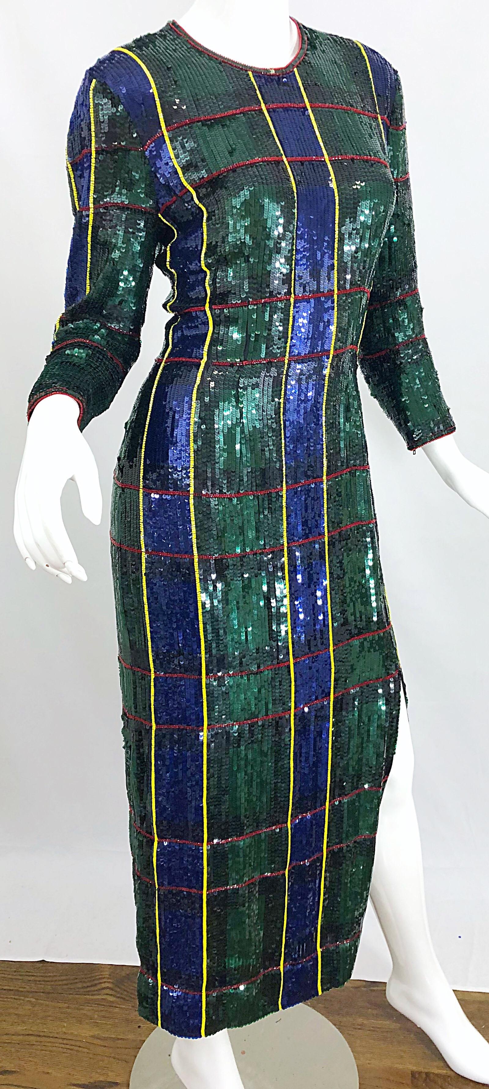 Black 1990s Escada Couture Tartan Plaid Fully Sequined Silk Vintage 90s Evening Gown