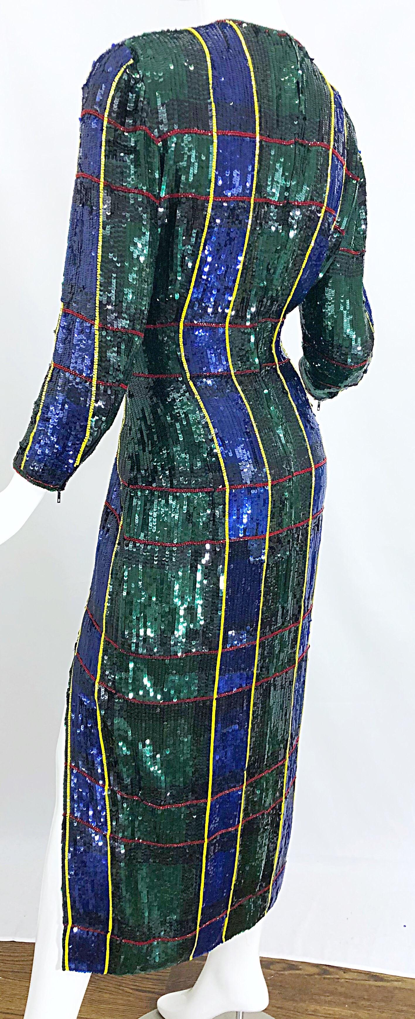 1990s Escada Couture Tartan Plaid Fully Sequined Silk Vintage 90s Evening Gown In Excellent Condition In San Diego, CA