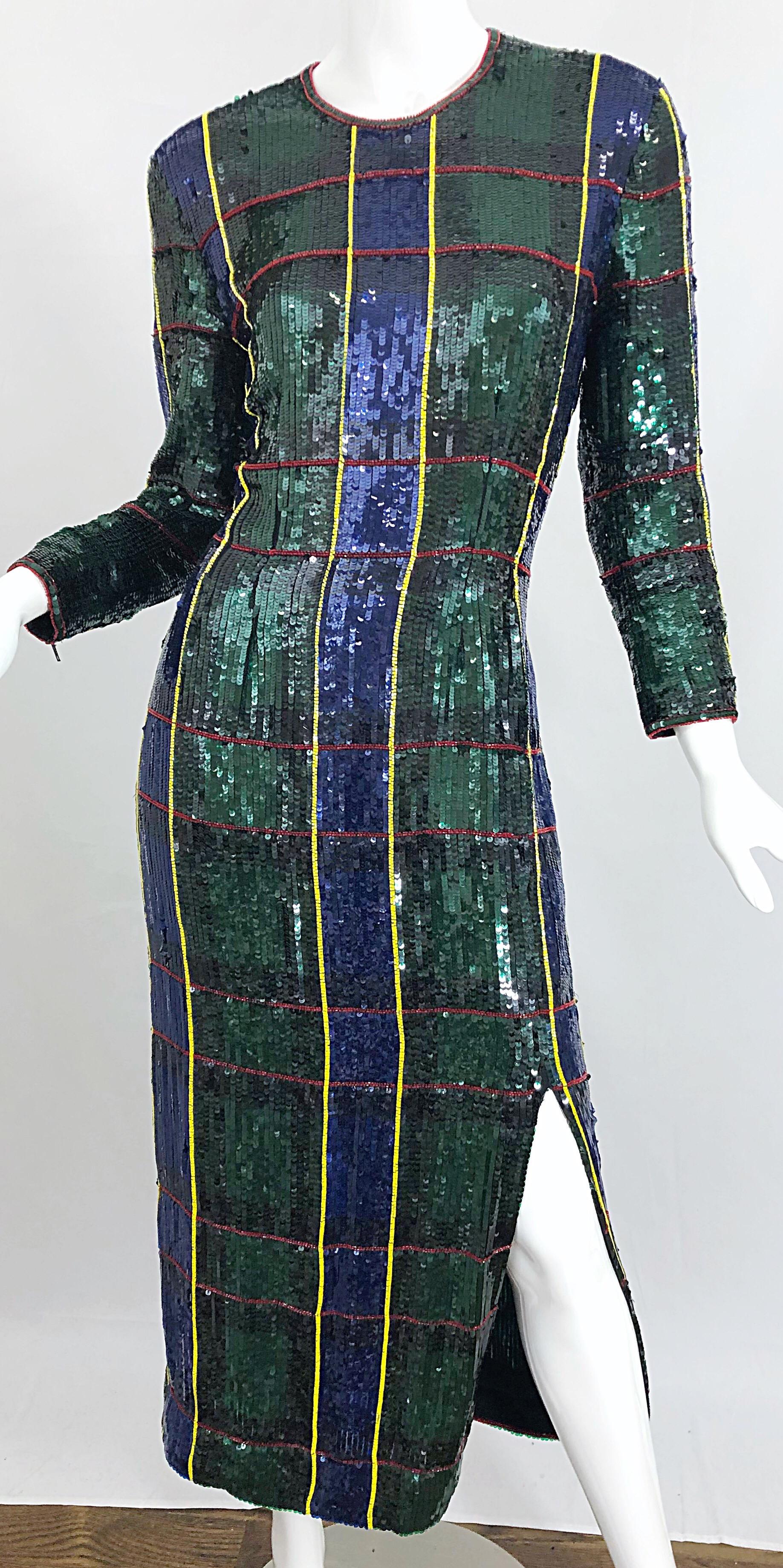 Women's 1990s Escada Couture Tartan Plaid Fully Sequined Silk Vintage 90s Evening Gown