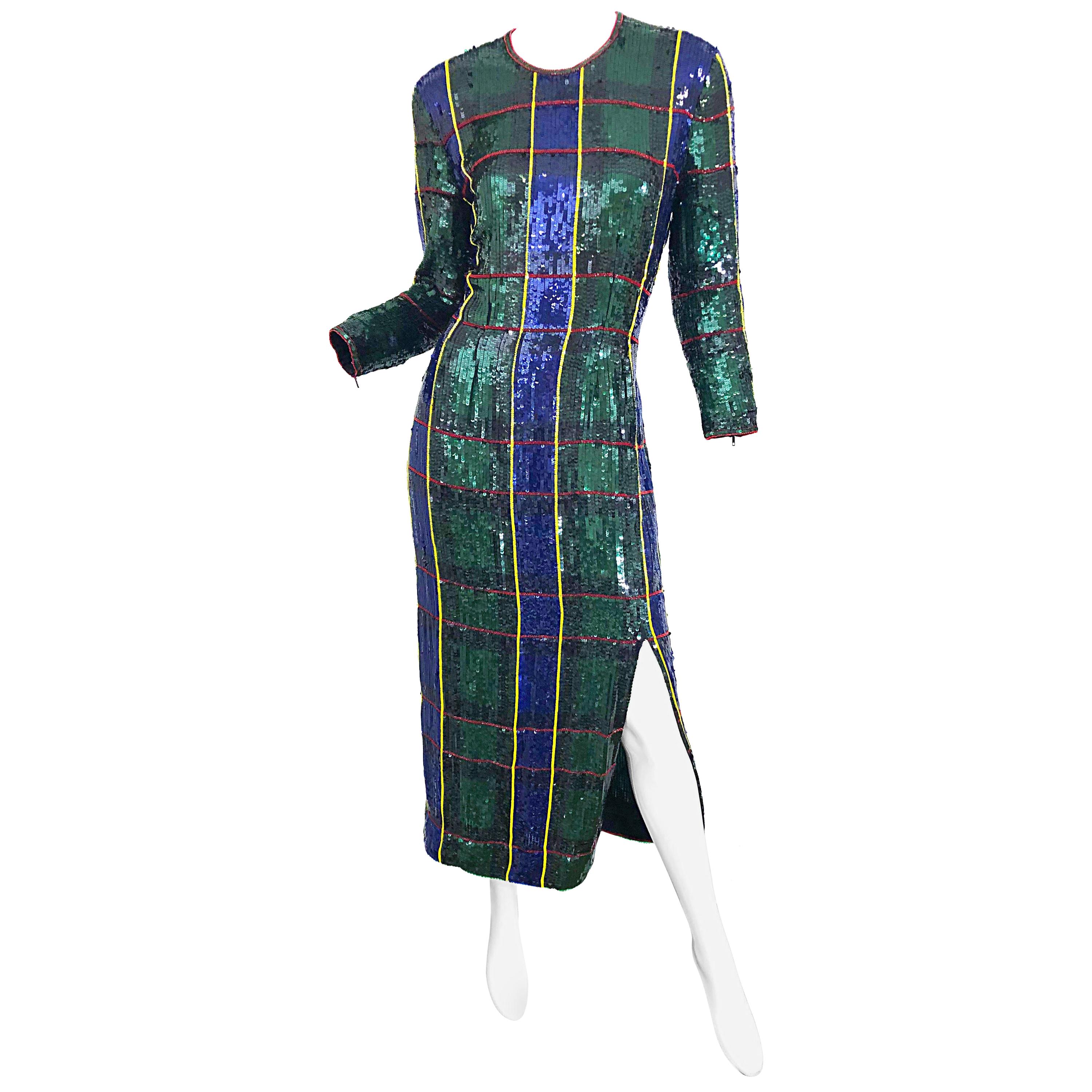 1990s Escada Couture Tartan Plaid Fully Sequined Silk Vintage 90s Evening Gown