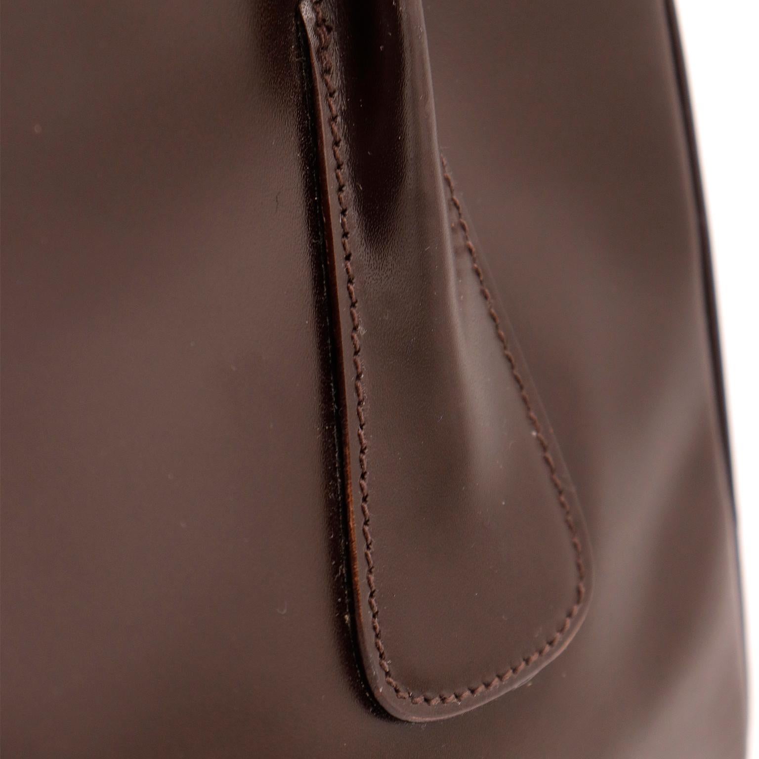 1990s Escada Dark Chocolate Brown Leather Top Handle Bag w Gold Logo 6