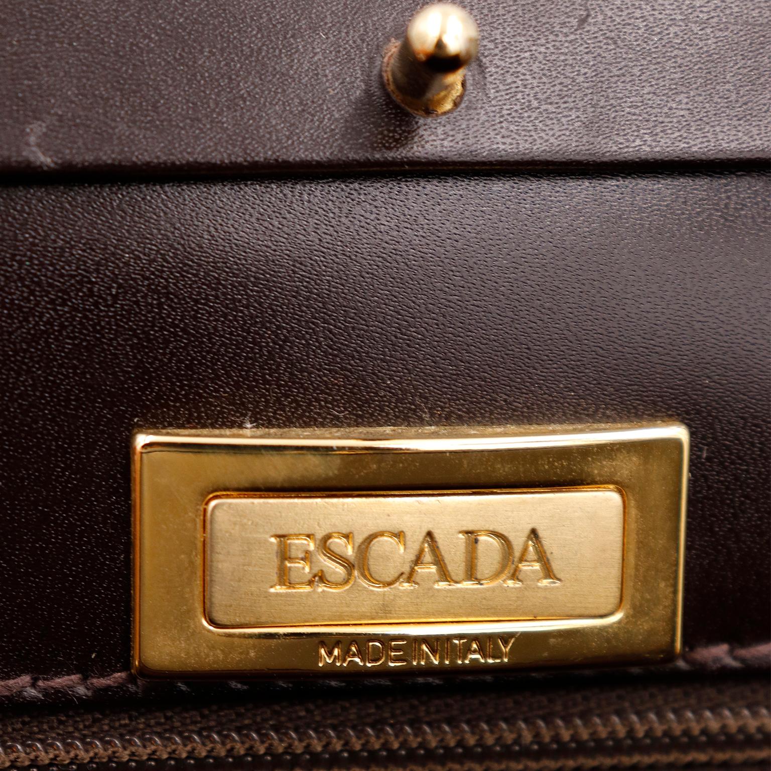 1990s Escada Dark Chocolate Brown Leather Top Handle Bag w Gold Logo 7