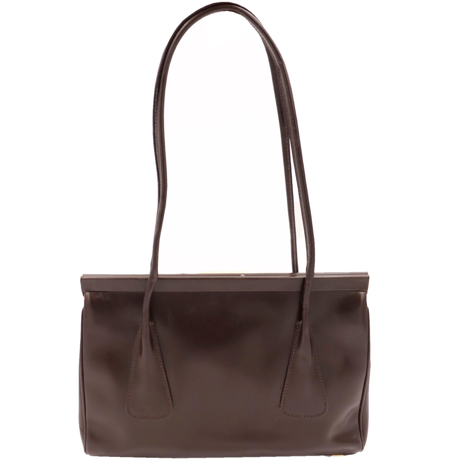 Women's 1990s Escada Dark Chocolate Brown Leather Top Handle Bag w Gold Logo