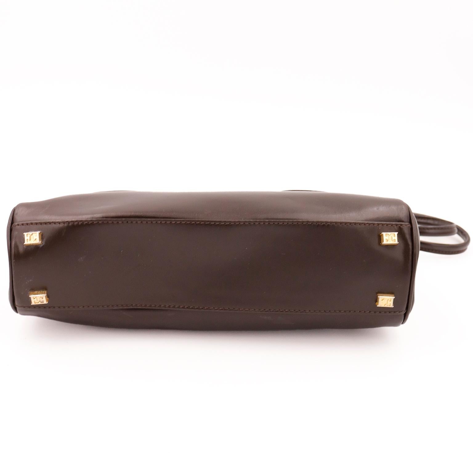 1990s Escada Dark Chocolate Brown Leather Top Handle Bag w Gold Logo 1