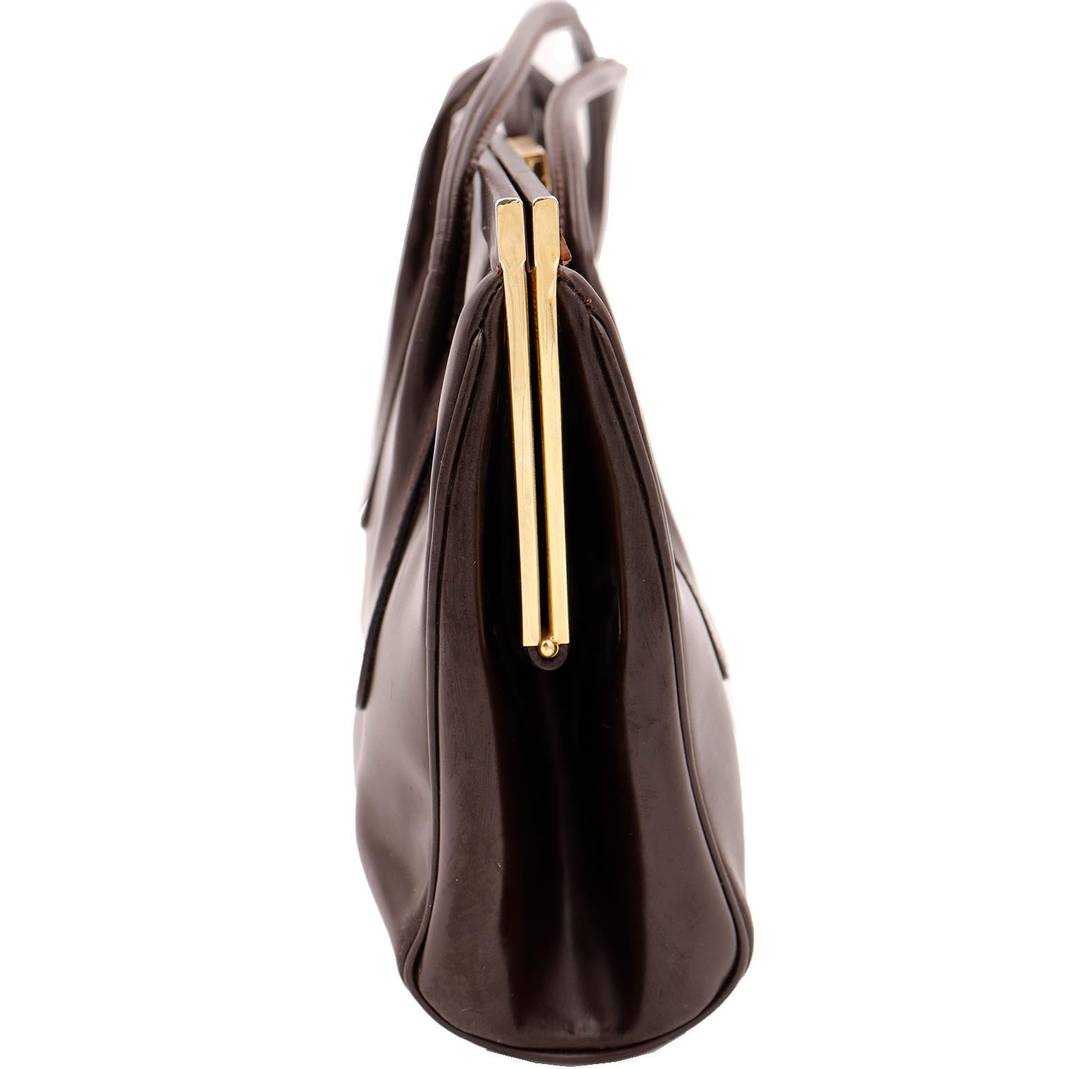 1990s Escada Dark Chocolate Brown Leather Top Handle Bag w Gold Logo 2