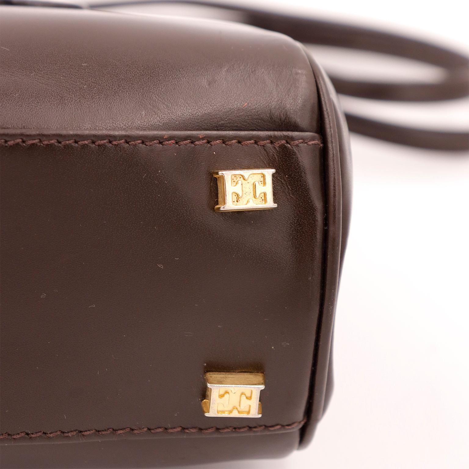 1990s Escada Dark Chocolate Brown Leather Top Handle Bag w Gold Logo 3