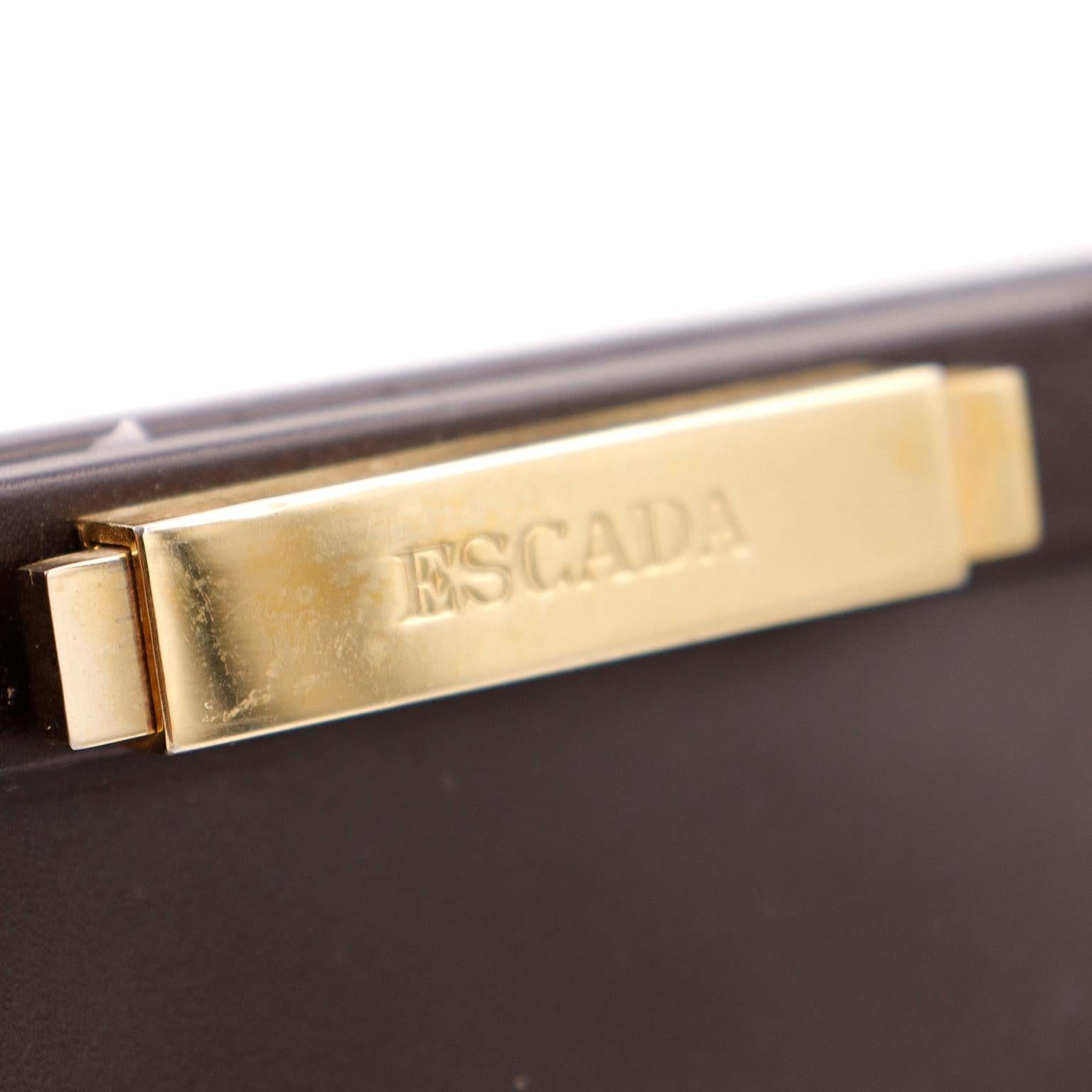 1990s Escada Dark Chocolate Brown Leather Top Handle Bag w Gold Logo 4