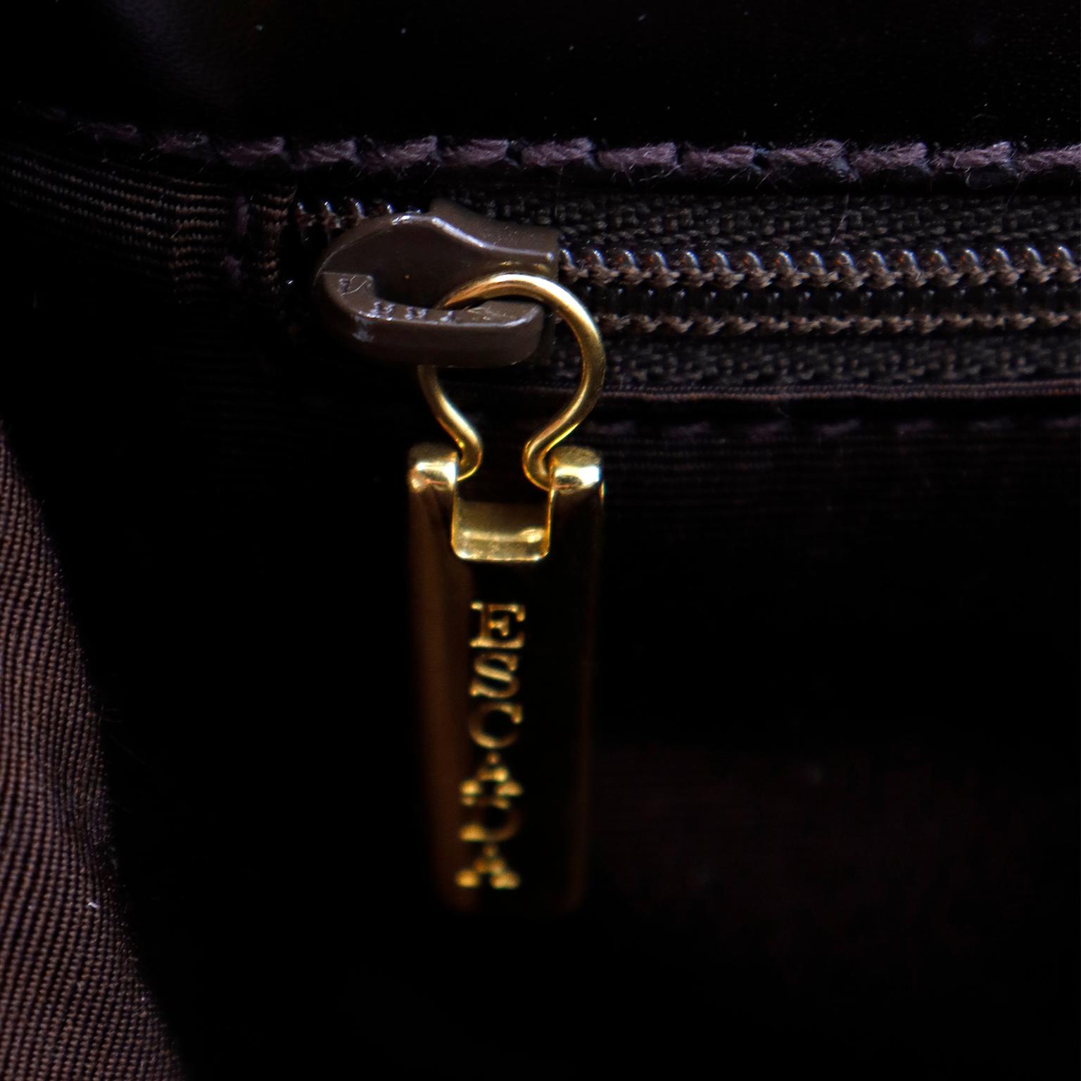 1990s Escada Dark Chocolate Brown Leather Top Handle Bag w Gold Logo 5