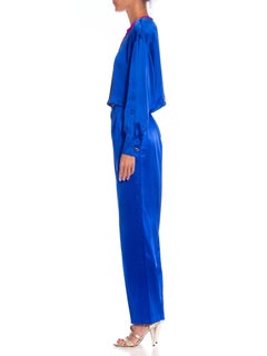 1990S ESCADA Electric Blue  & Pink Silk Satin Crop Top Pants Ensemble