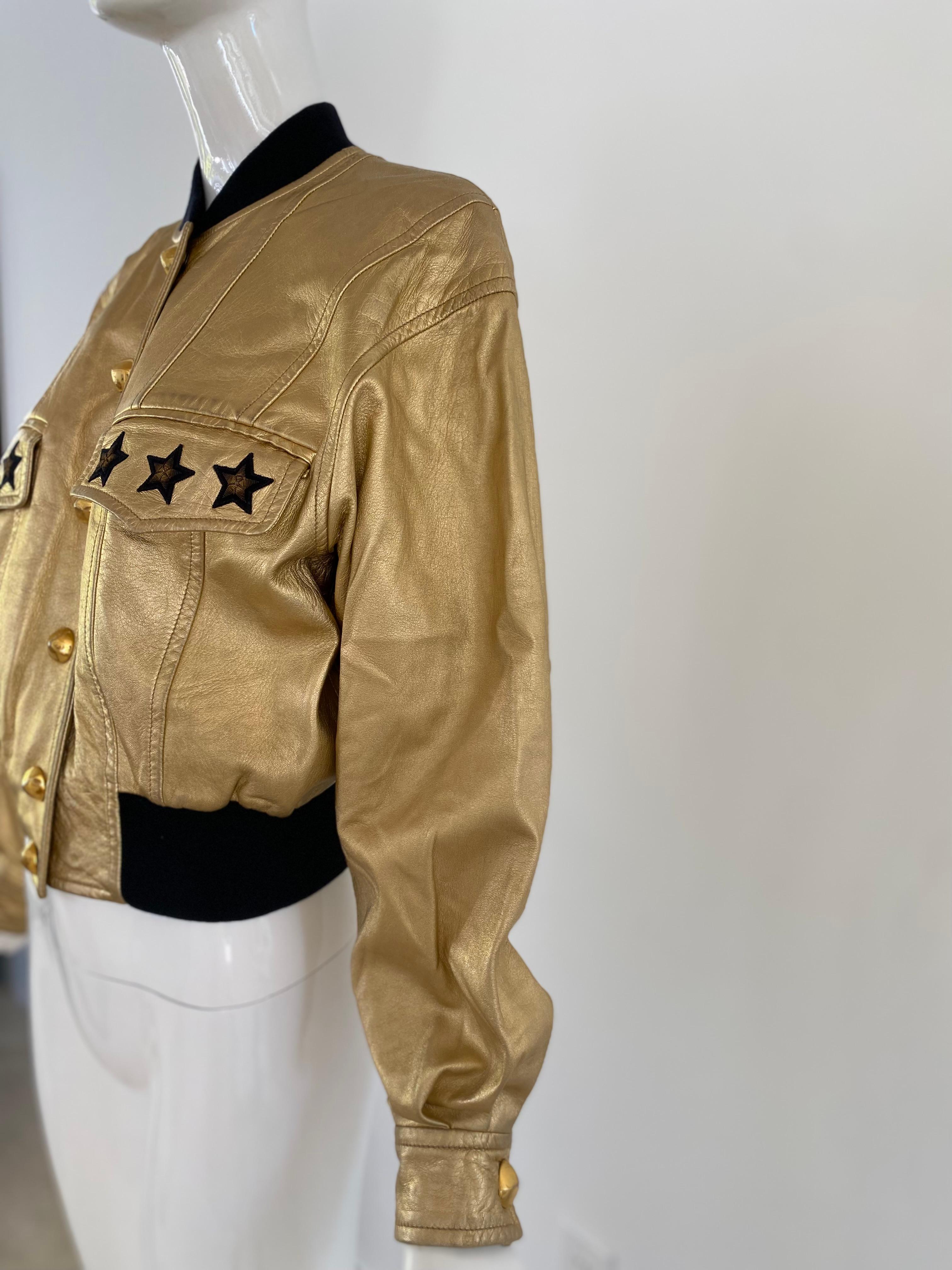 1990s Escada Gold Leather Bomber Jacket For Sale 2
