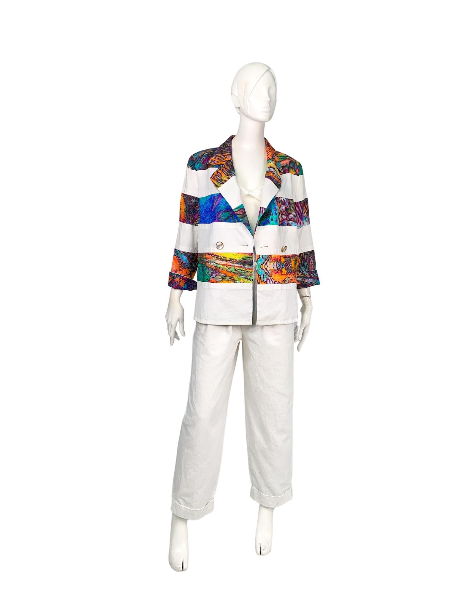 Escada structured double-breasted summer blazer showcasing a refined use of the patchwork technique. It effortlessly combines two contrasting fabrics into a wide stripe pattern: a white piqué fabric serves as a striking backdrop, contrasting