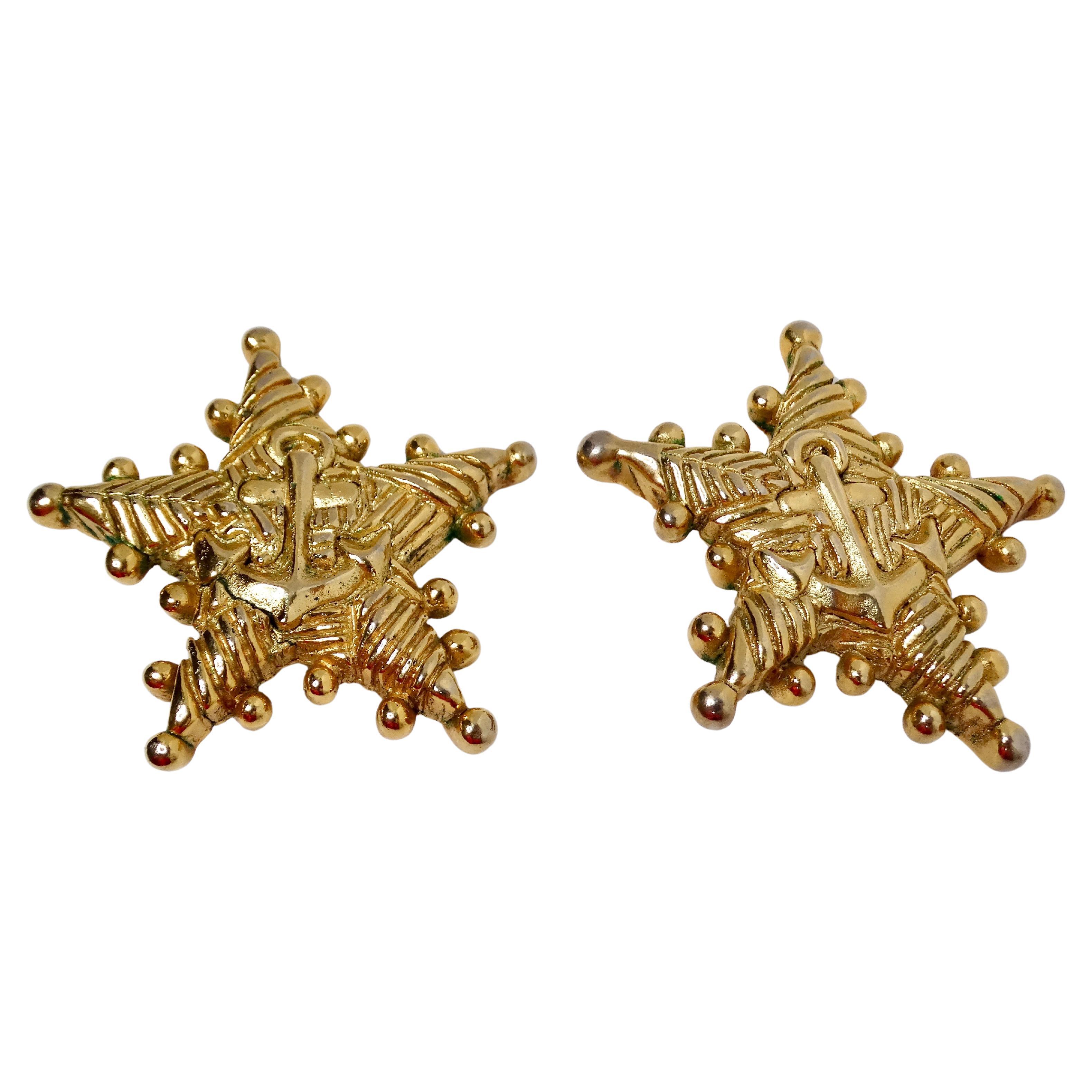 1990s Escada Nautical Anchor Motif Gold Tone Star Clip-On Earrings For Sale