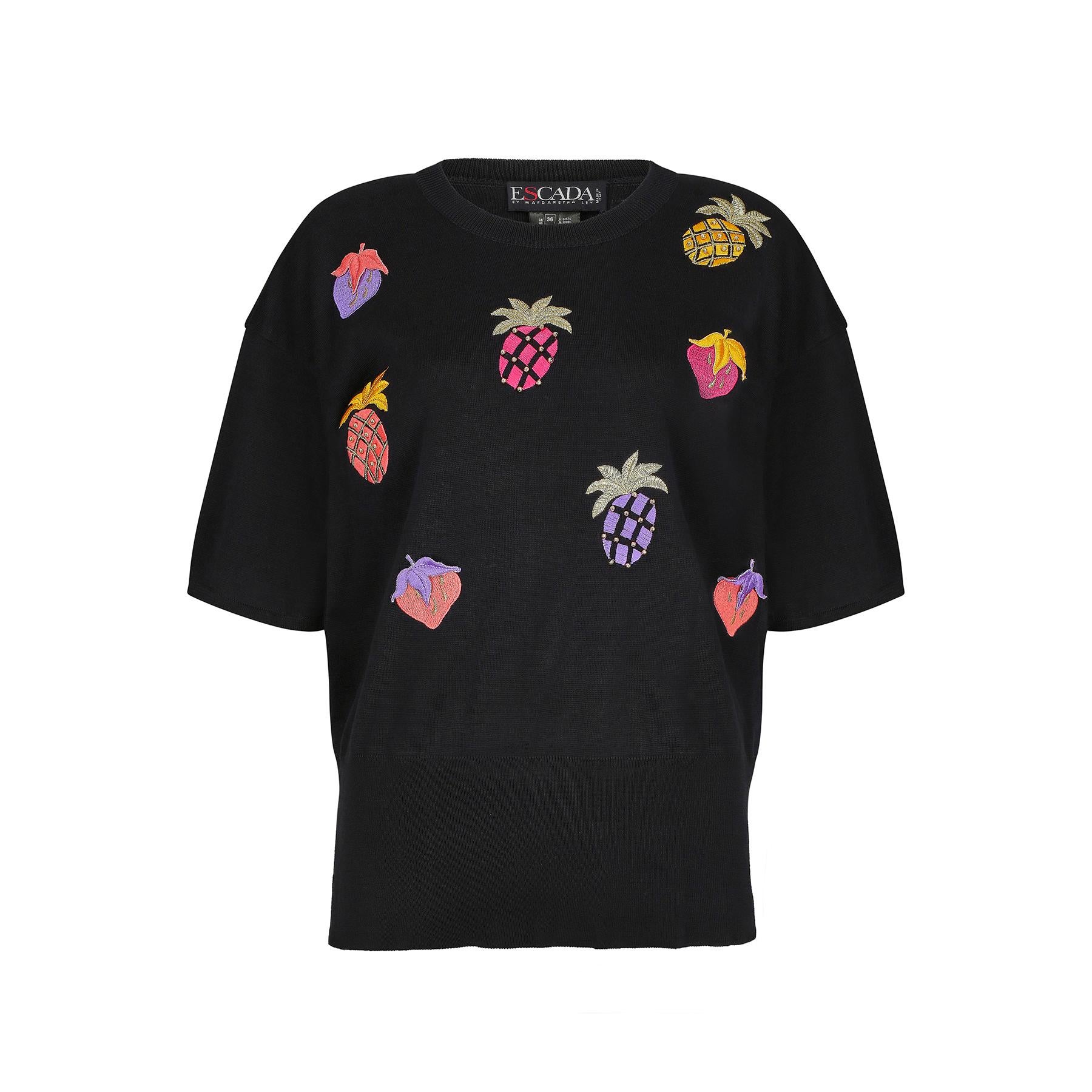 Women's 1990s Escada Navy Embroidered Fruit Salad Top For Sale
