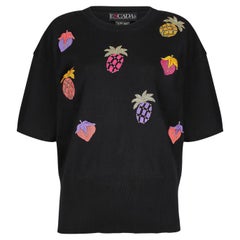 1990er Escada Marineblaues besticktes Salattop mit Obstmuster