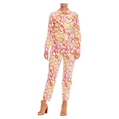 Vintage 1990S ESCADA Pink & Orange Cotton Status Print Jacket Pant Ensemble