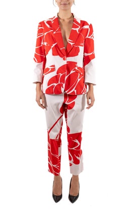 1990S Escada Red & White Floral Cotton Pant Suit
