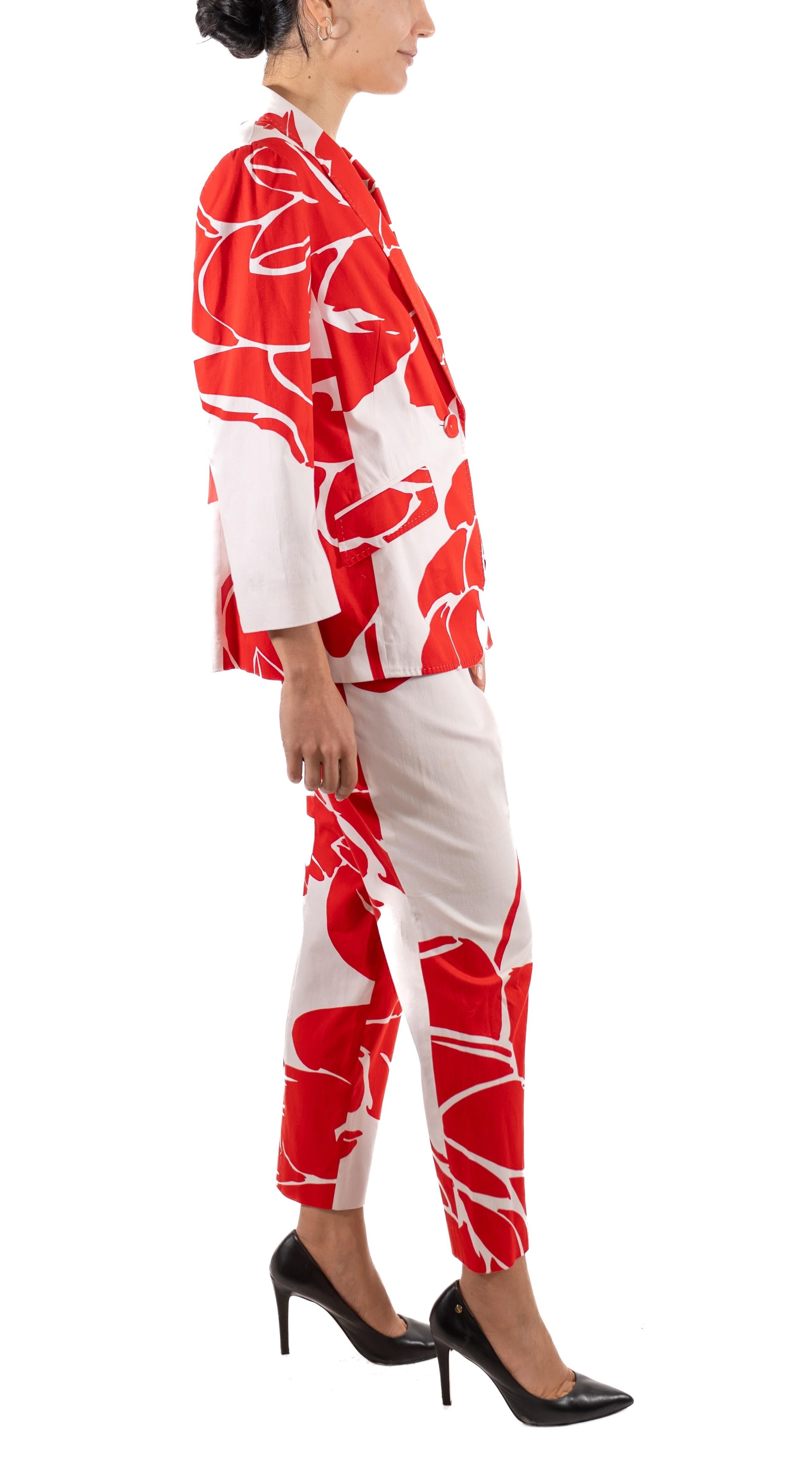1990S Escada Red & White Floral Cotton Pant Suit For Sale 1