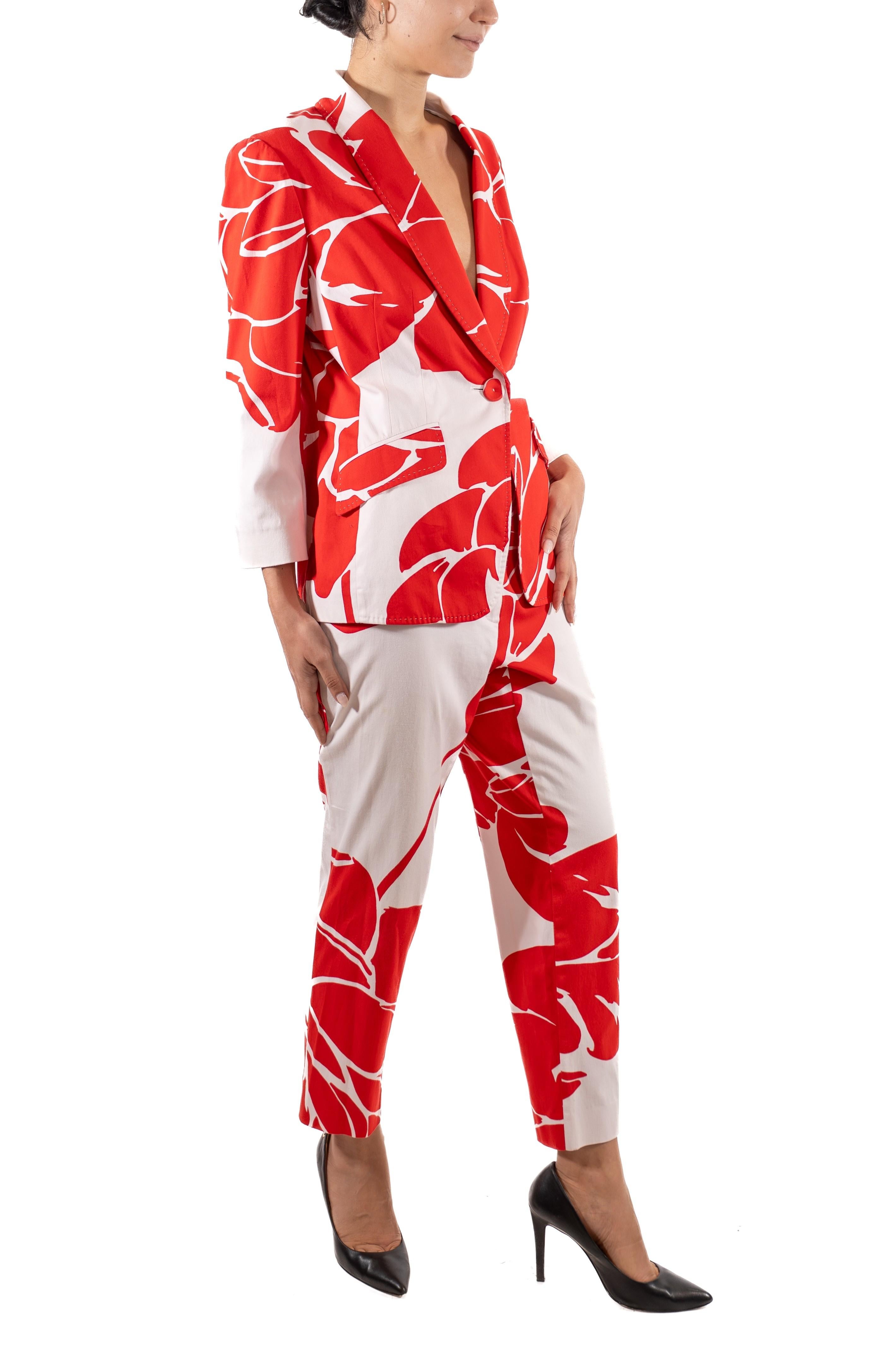 1990S Escada Red & White Floral Cotton Pant Suit For Sale 2