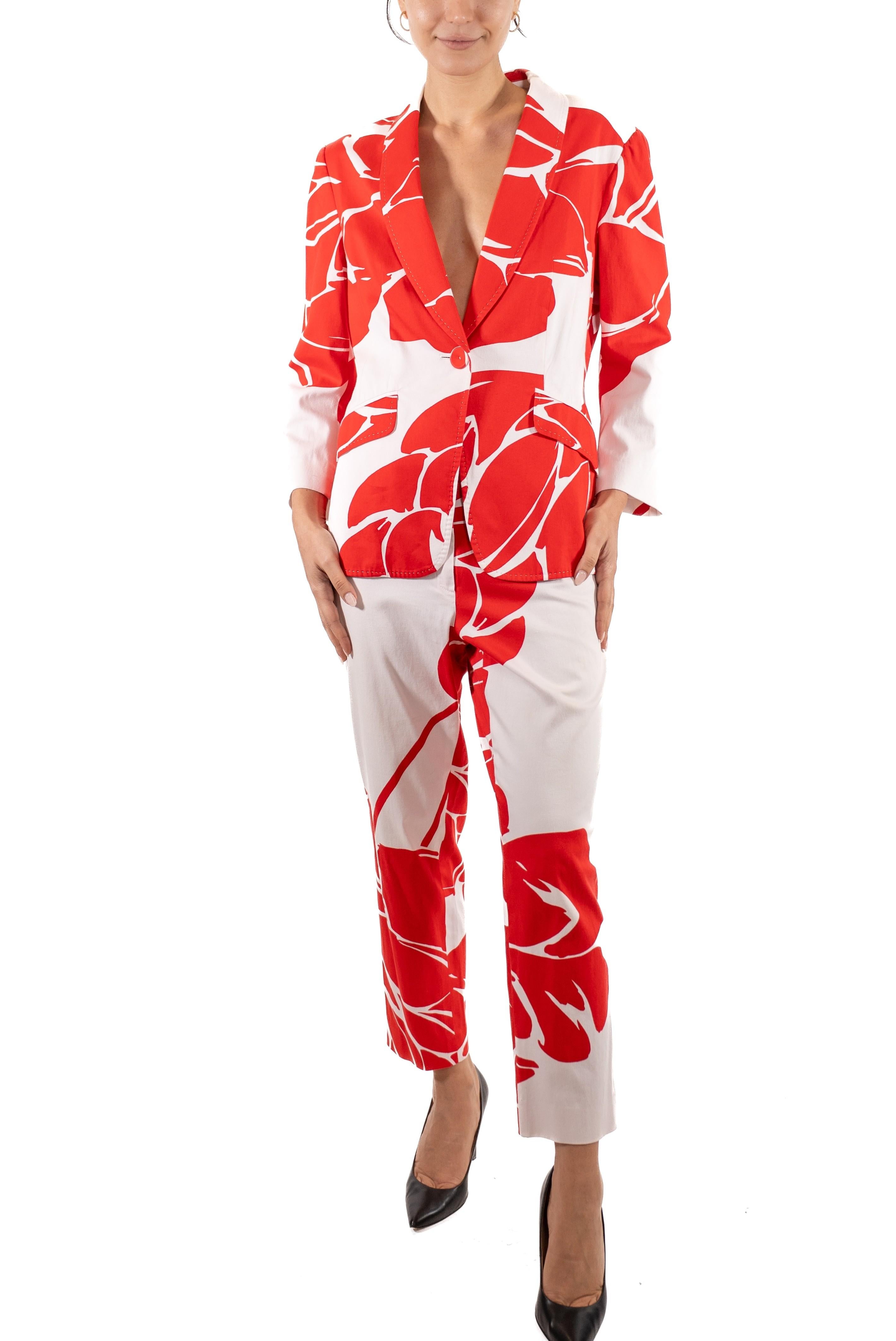 1990S Escada Red & White Floral Cotton Pant Suit For Sale 3
