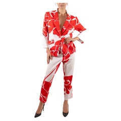 1990S Escada Red & White Floral Cotton Pant Suit