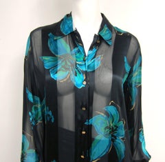 Escada Silk Black Blue Floral Button Down Blouse New, Never Worn 1990's