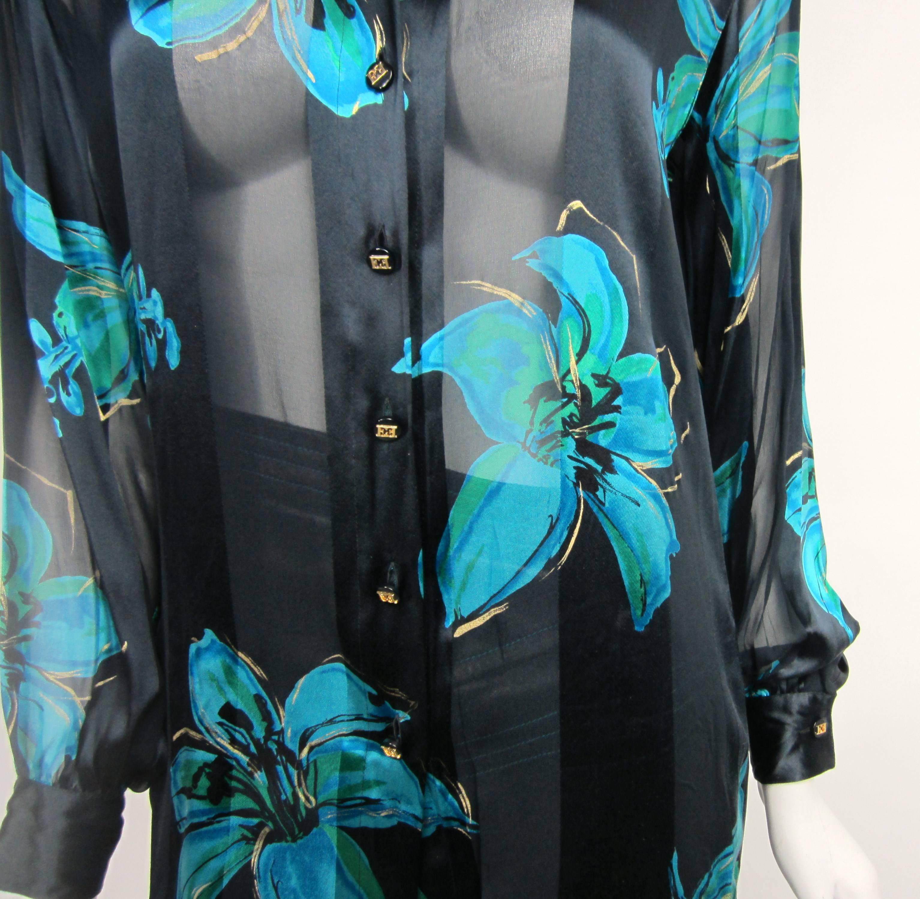1990's Escada Silk Black Blue Floral Button Down Blouse New, Never Worn In New Condition For Sale In Wallkill, NY