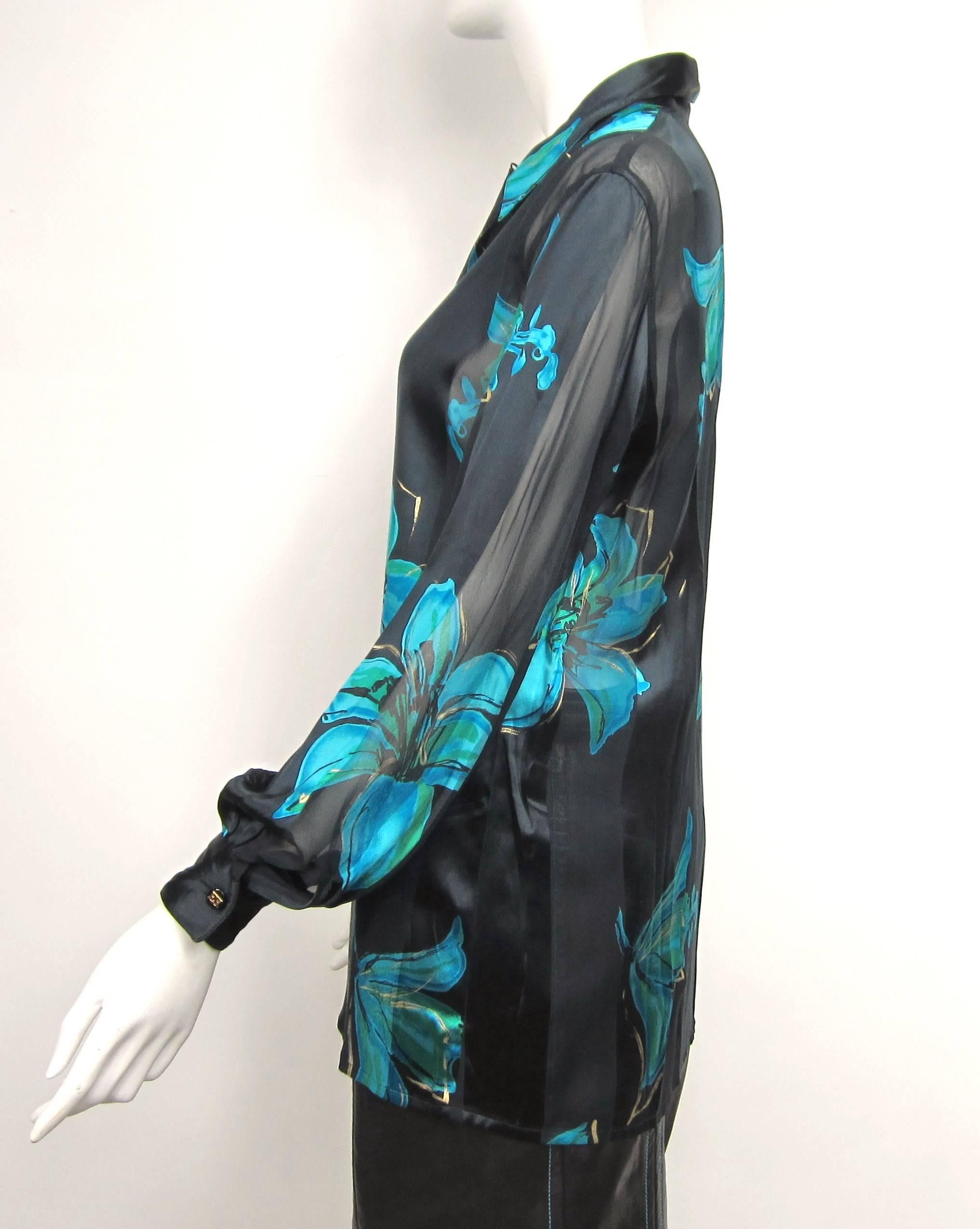 Women's 1990's Escada Silk Black Blue Floral Button Down Blouse New, Never Worn For Sale
