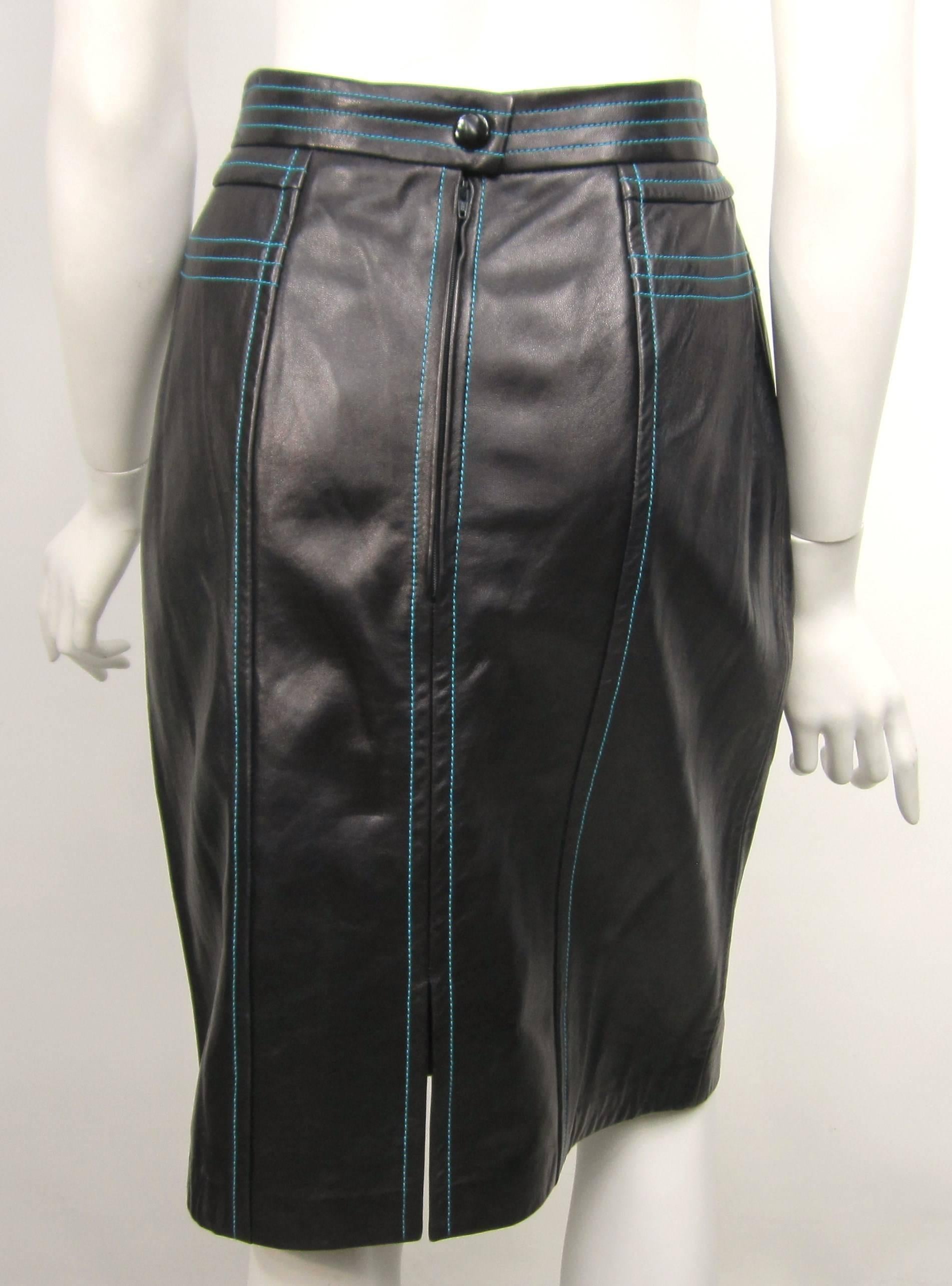 1990's Escada Skirt Black leather High waist Blue Detailing New, Never Worn  In New Condition For Sale In Wallkill, NY