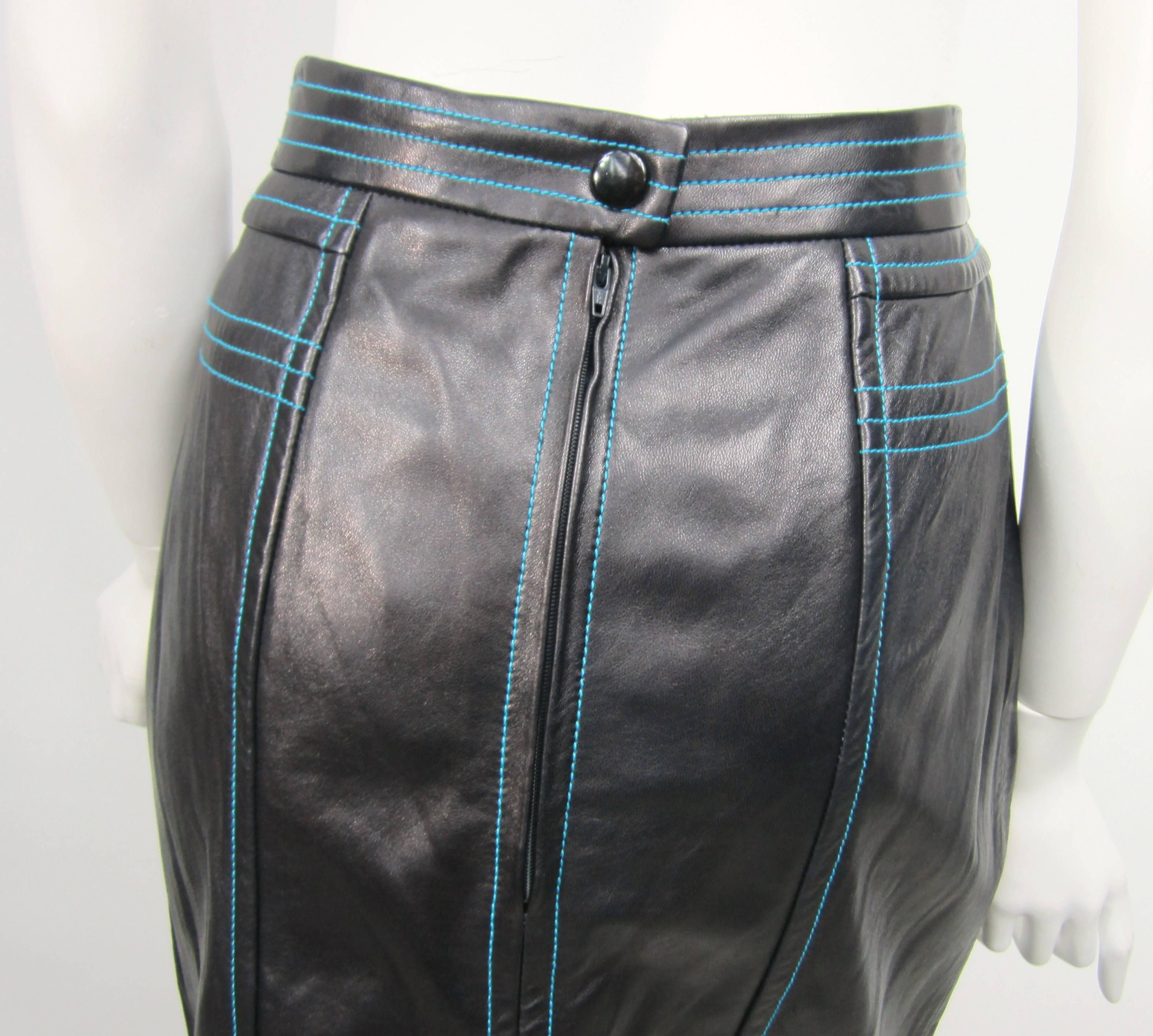 Women's 1990's Escada Skirt Black leather High waist Blue Detailing New, Never Worn  For Sale