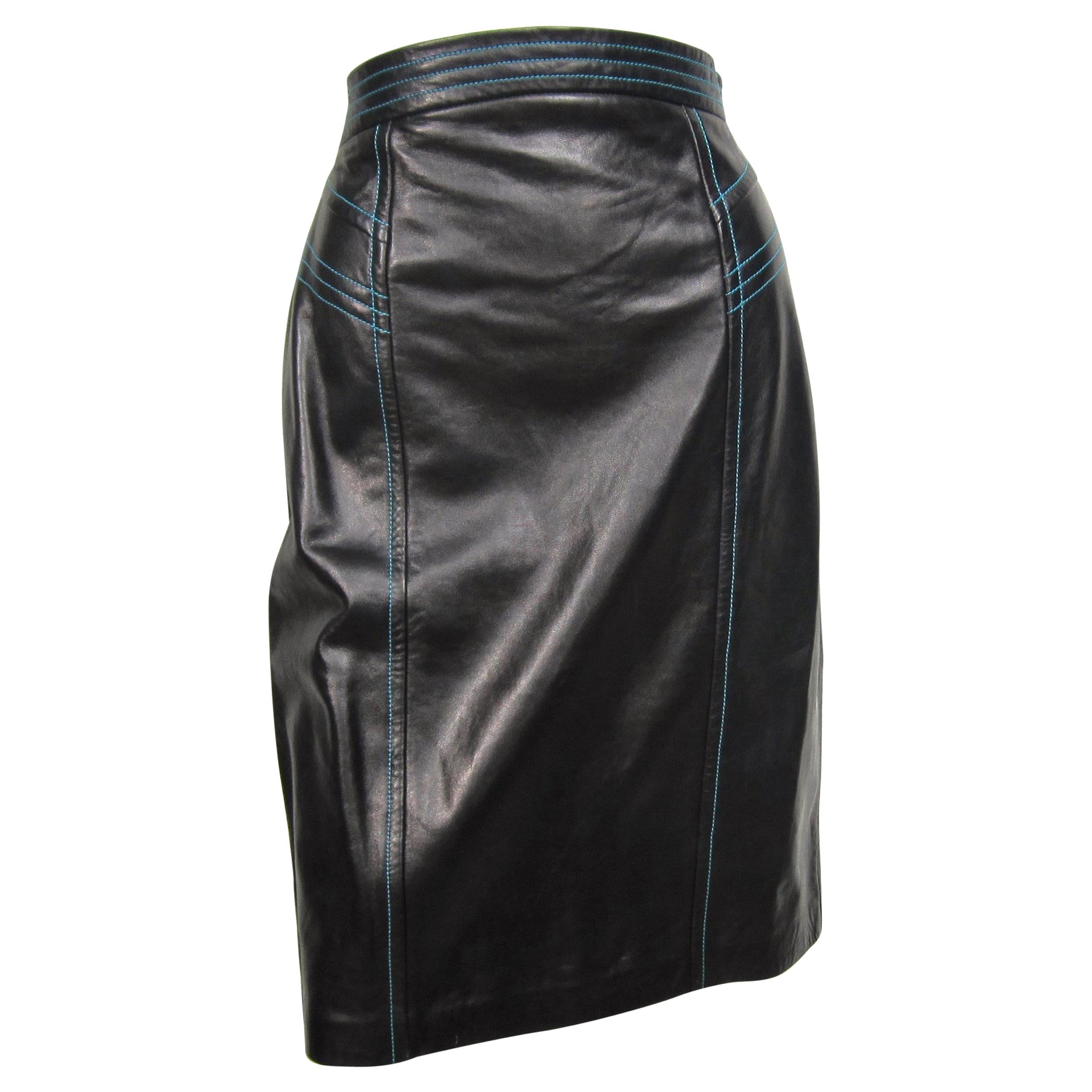 1990's Escada Skirt Black leather High waist Blue Detailing New, Never Worn 