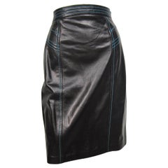 1990's Escada Skirt Black leather High waist Blue Detailing New, Never Worn