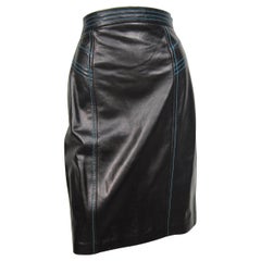 1990's Escada Skirt Black leather High waist Blue Detailing New, Never Worn 