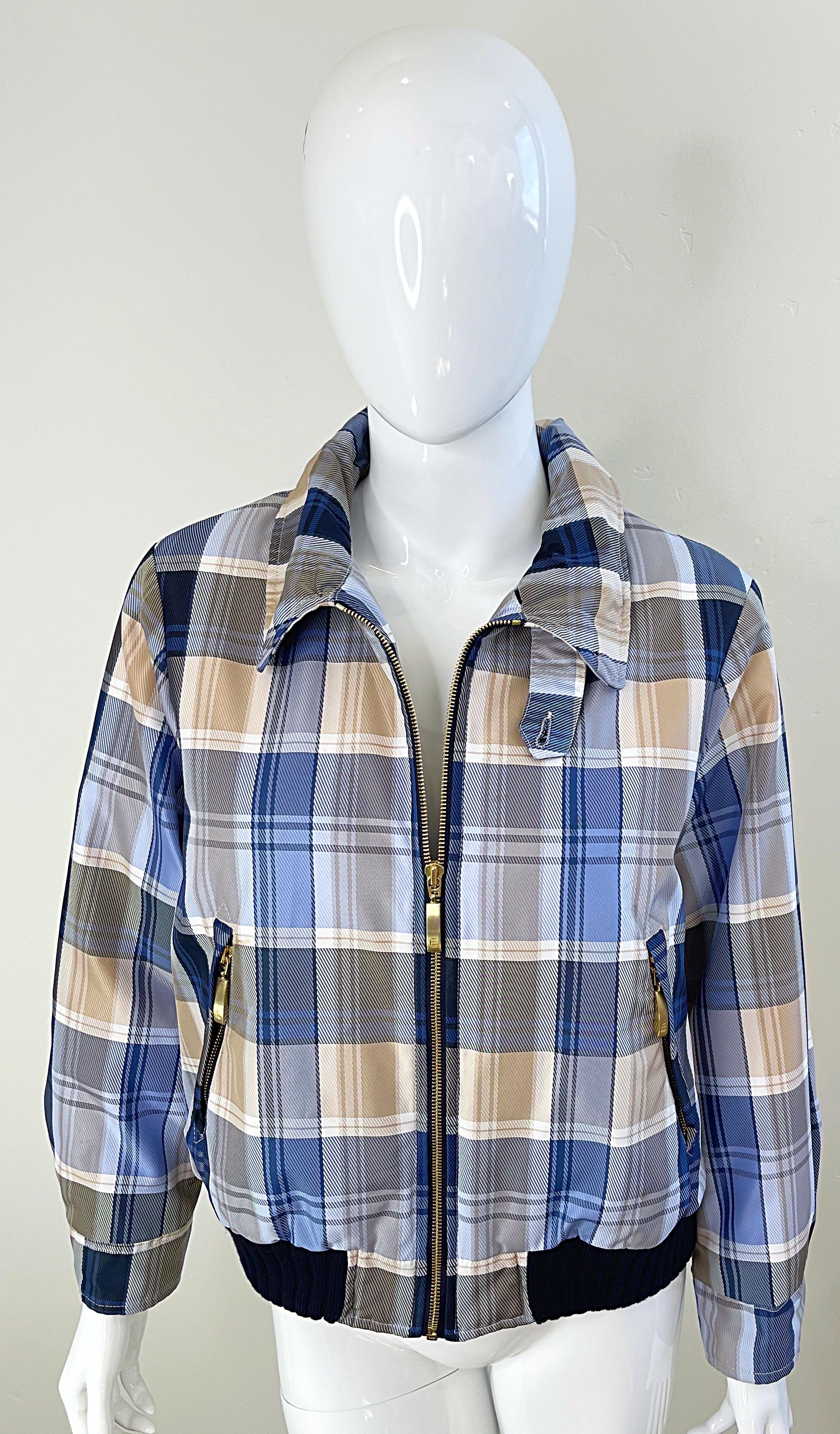 1990s Escada Sport Blue Tan Plaid Faux Fur Collar Vintage 90s Bomber Jacket For Sale 5