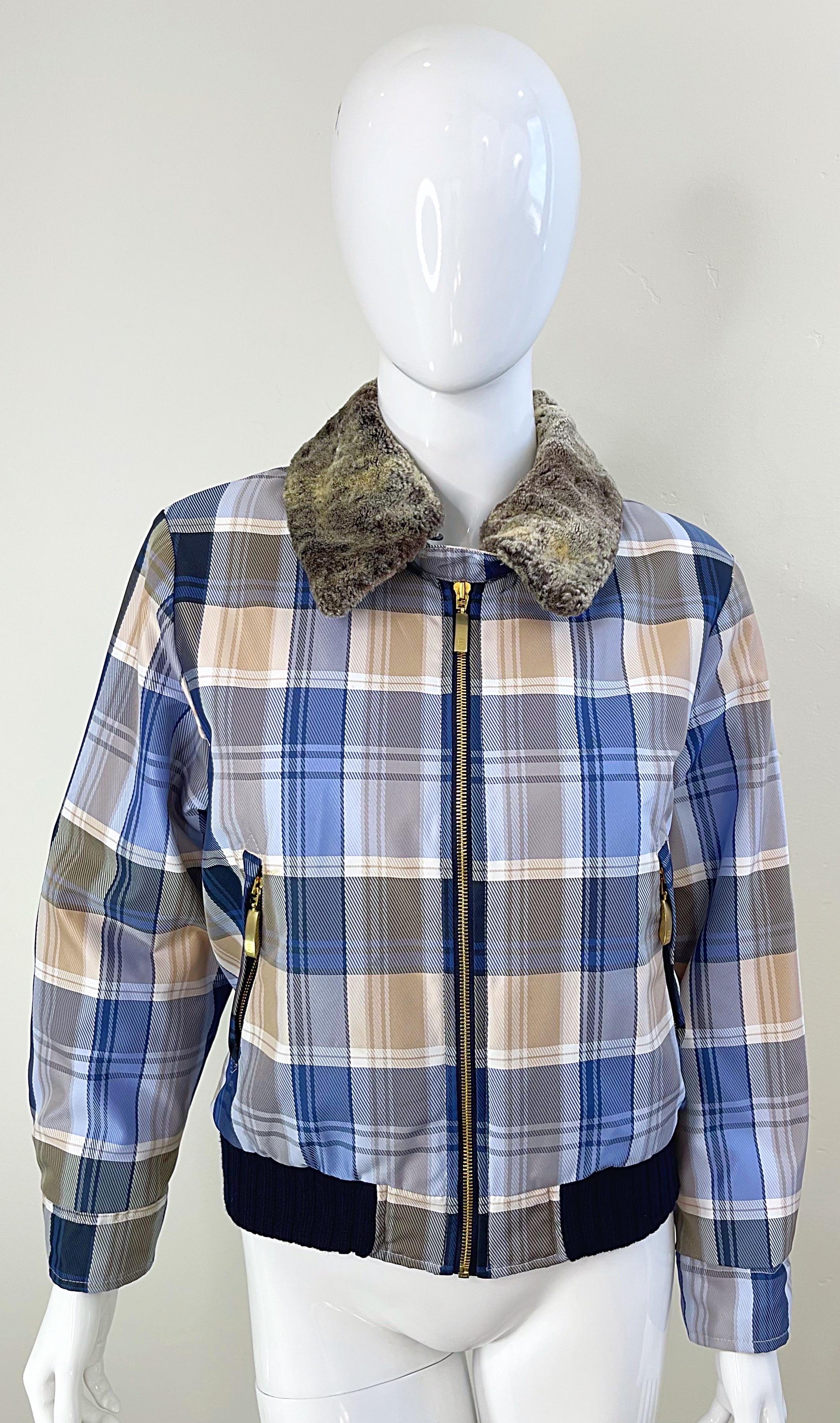1990s Escada Sport Blue Tan Plaid Faux Fur Collar Vintage 90s Bomber Jacket in vendita 6