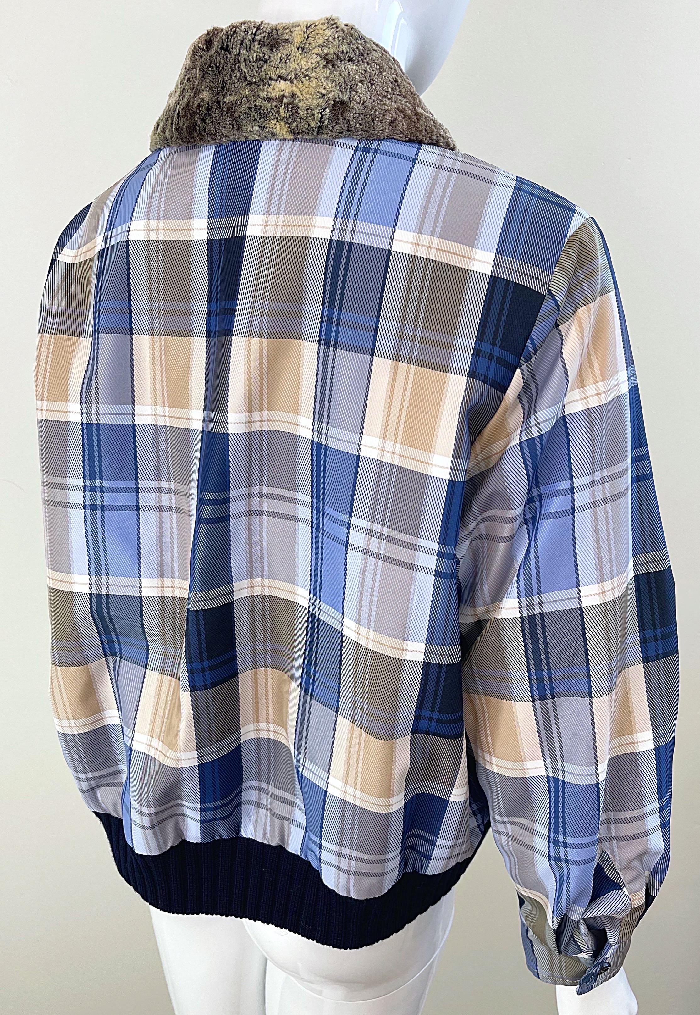 1990s Escada Sport Blue Tan Plaid Faux Fur Collar Vintage 90s Bomber Jacket in vendita 10
