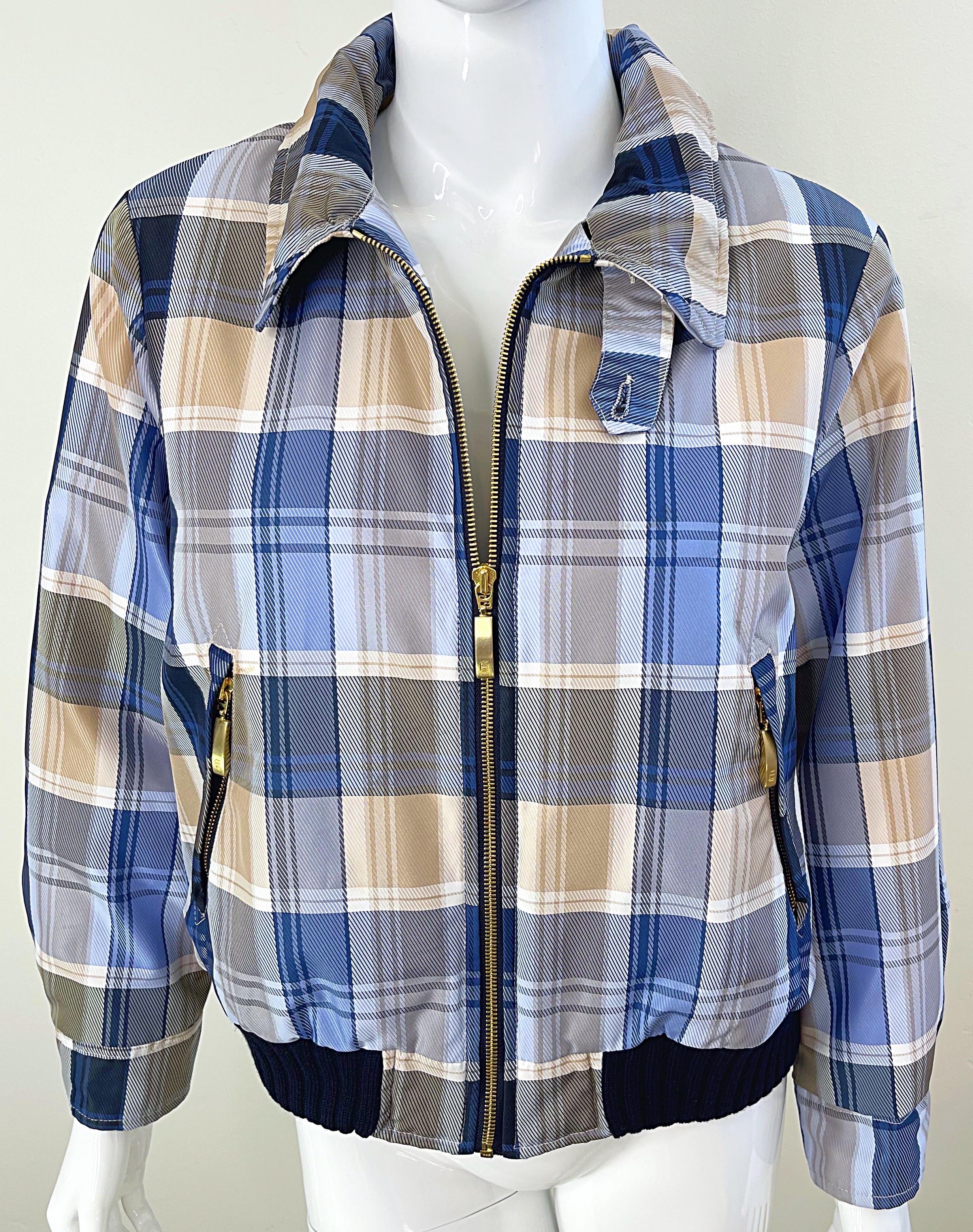 1990s Escada Sport Blue Tan Plaid Faux Fur Collar Vintage 90s Bomber Jacket in vendita 13