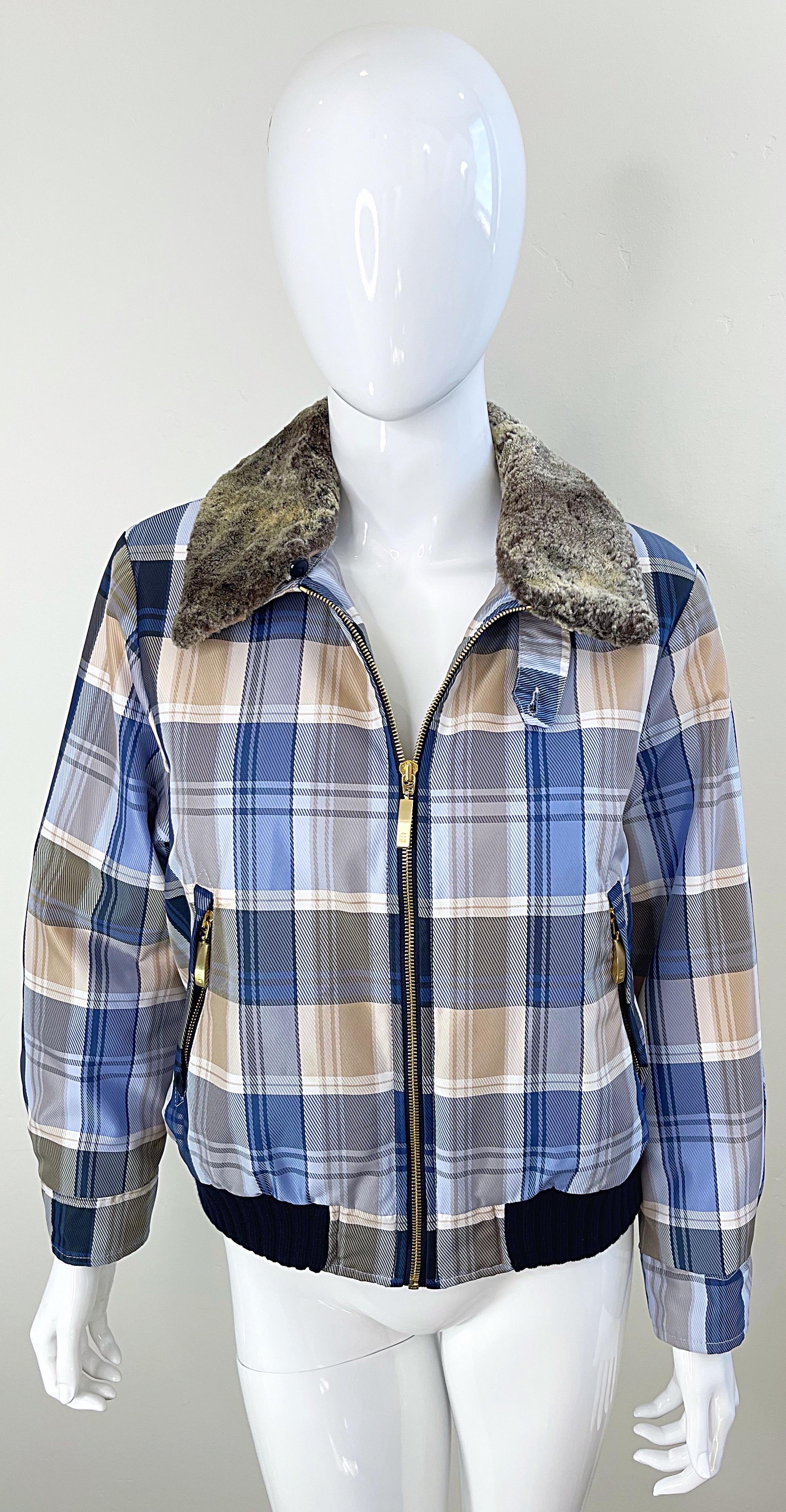 Beige 1990s Escada Sport Blue Tan Plaid Faux Fur Collar Vintage 90s Bomber Jacket For Sale