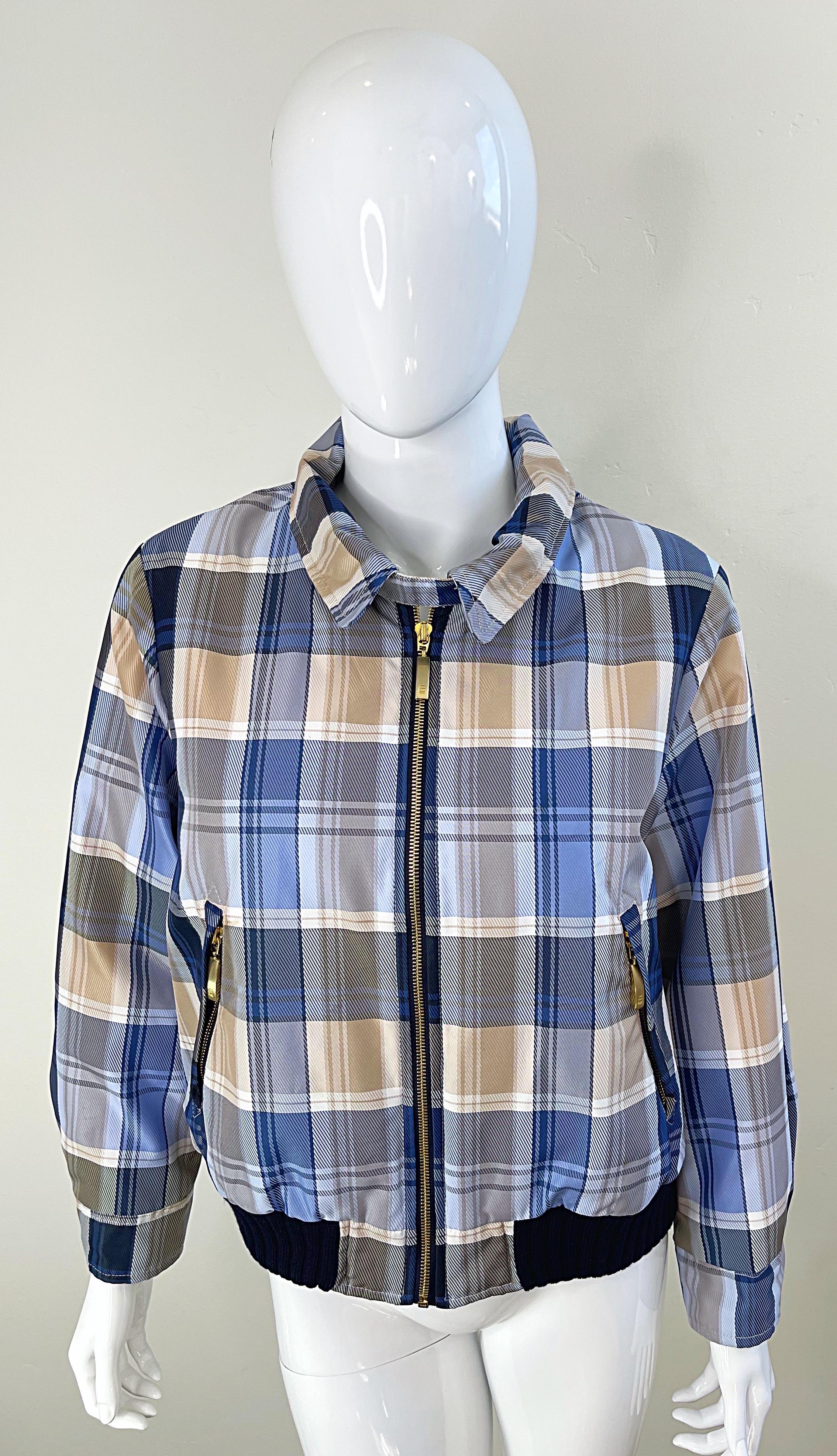 1990s Escada Sport Blue Tan Plaid Faux Fur Collar Vintage 90s Bomber Jacket In condizioni ottime in vendita a San Diego, CA