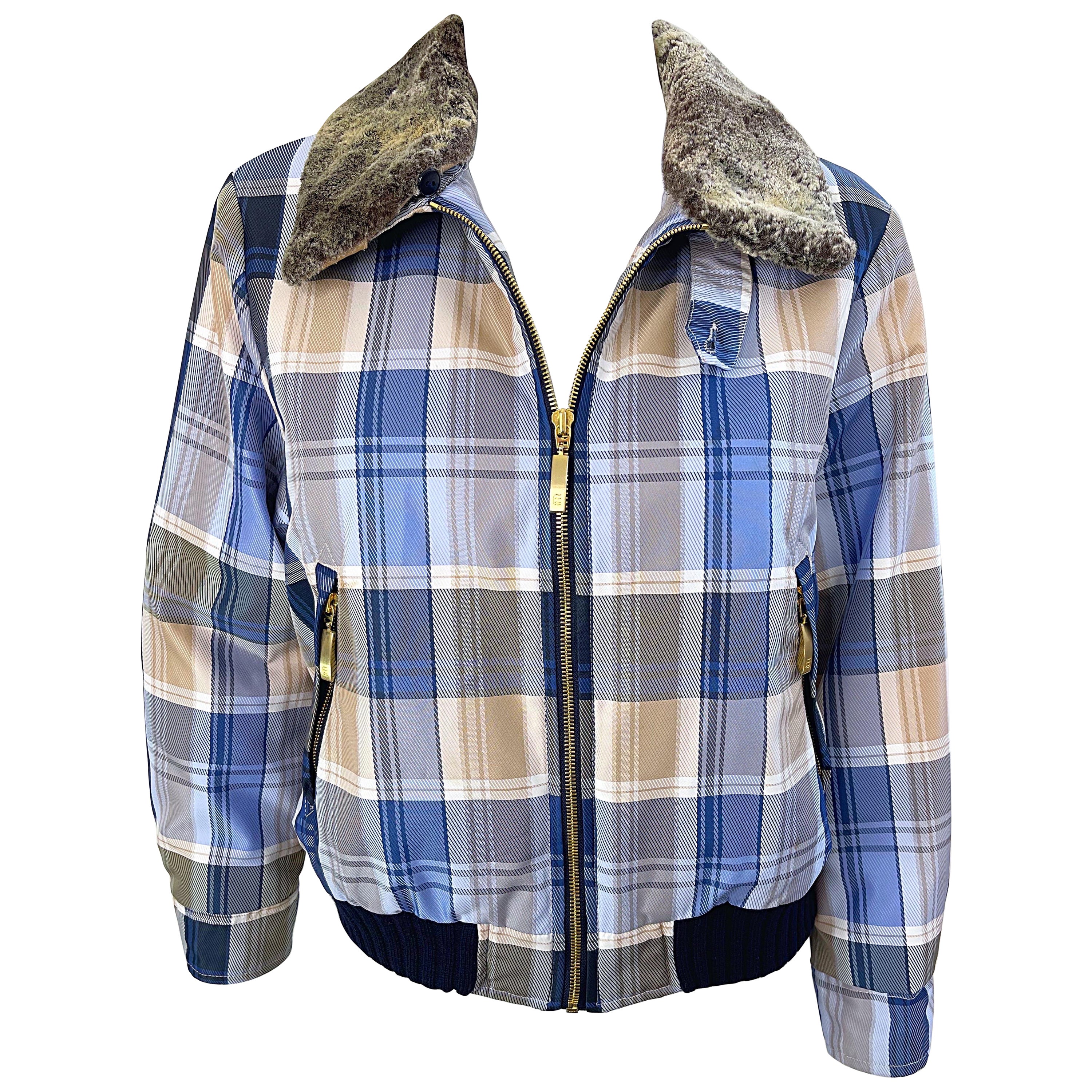 1990er Escada Sport Blau Tan karierte Vintage 90er Jahre Bomberjacke mit Kunstpelzkragen im Angebot