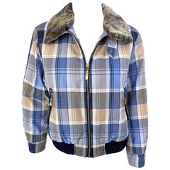 1990s Escada Sport Blue Tan Plaid Faux Fur Collar Vintage 90s Bomber Jacket