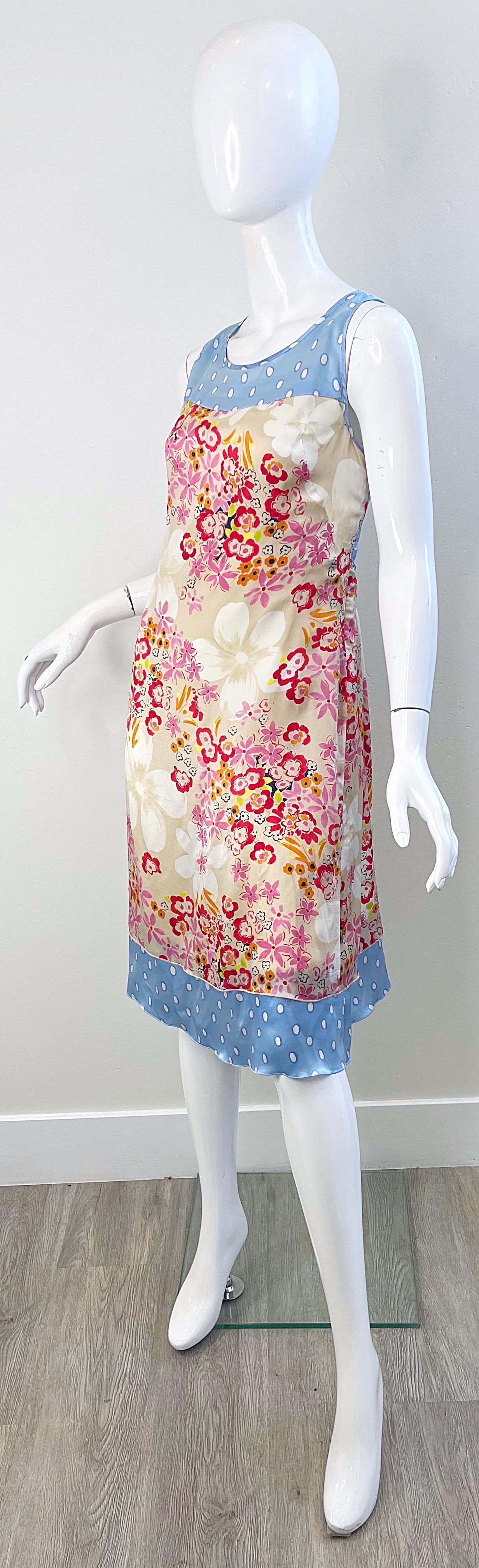 1990s Escada Sport Size 44 / 12 Flowers Polka Dot Print Vintage 90s Silk Dress For Sale 5