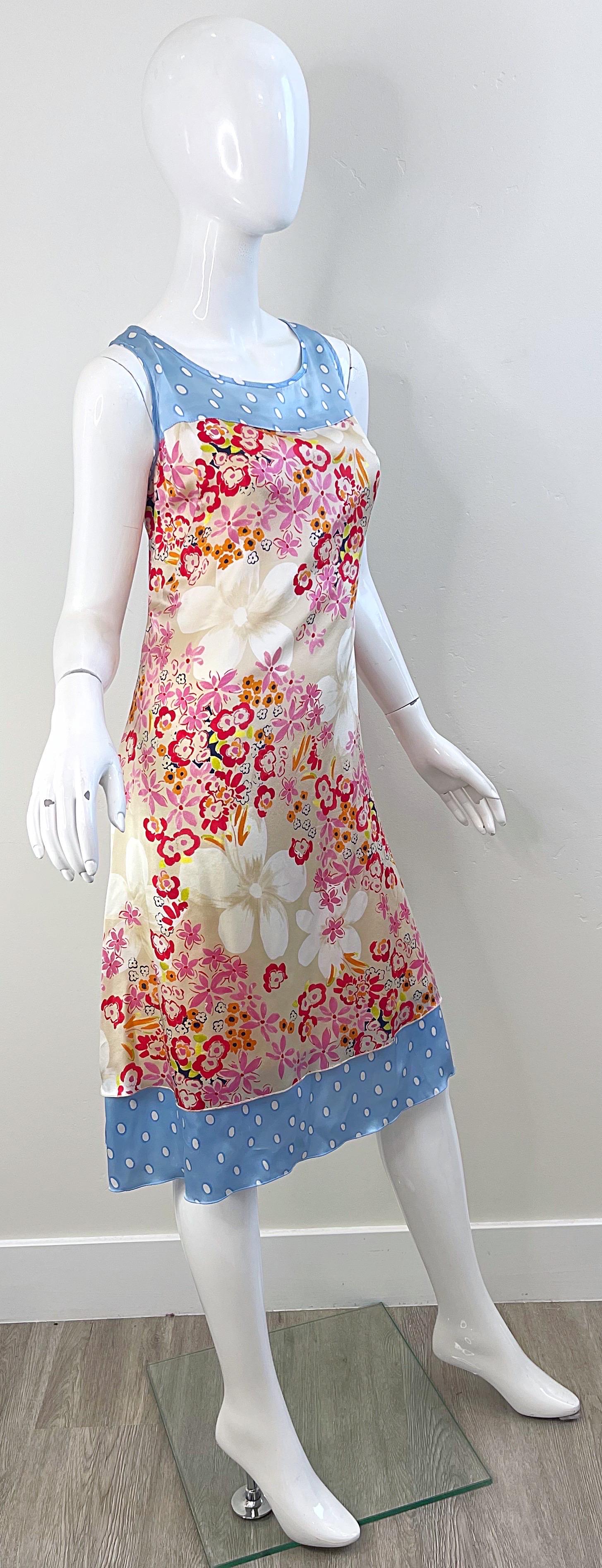 1990s Escada Sport Size 44 / 12 Flowers Polka Dot Print Vintage 90s Silk Dress For Sale 7
