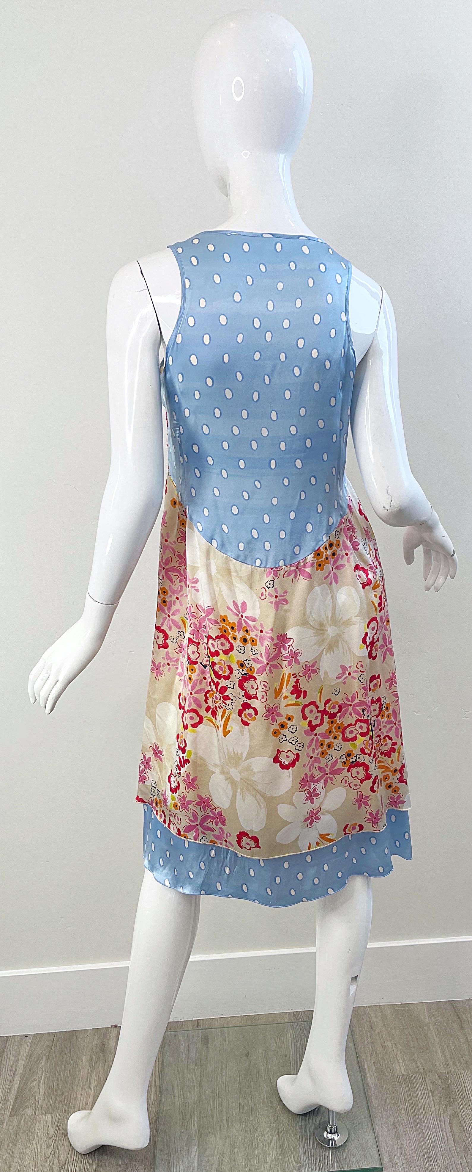 1990s Escada Sport Size 44 / 12 Flowers Polka Dot Print Vintage 90s Silk Dress For Sale 8