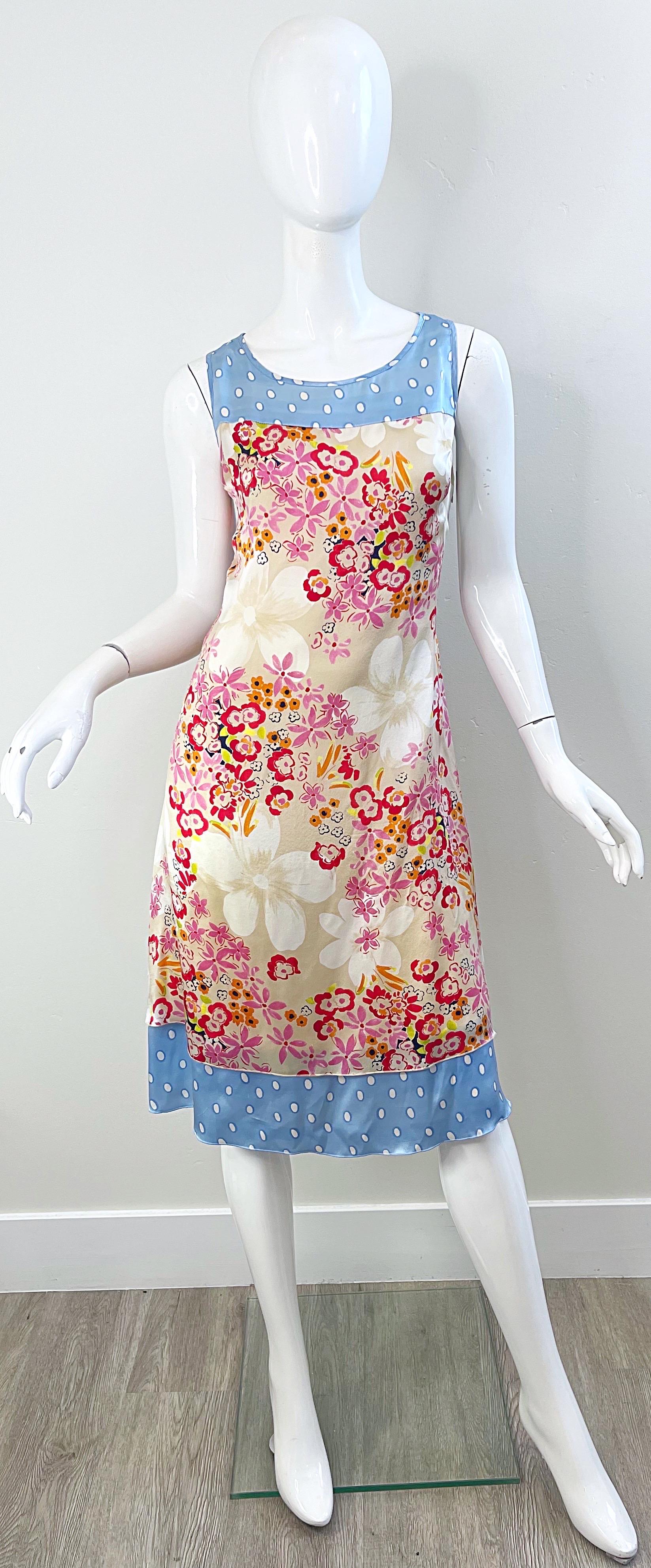 1990s Escada Sport Size 44 / 12 Flowers Polka Dot Print Vintage 90s Silk Dress For Sale 9