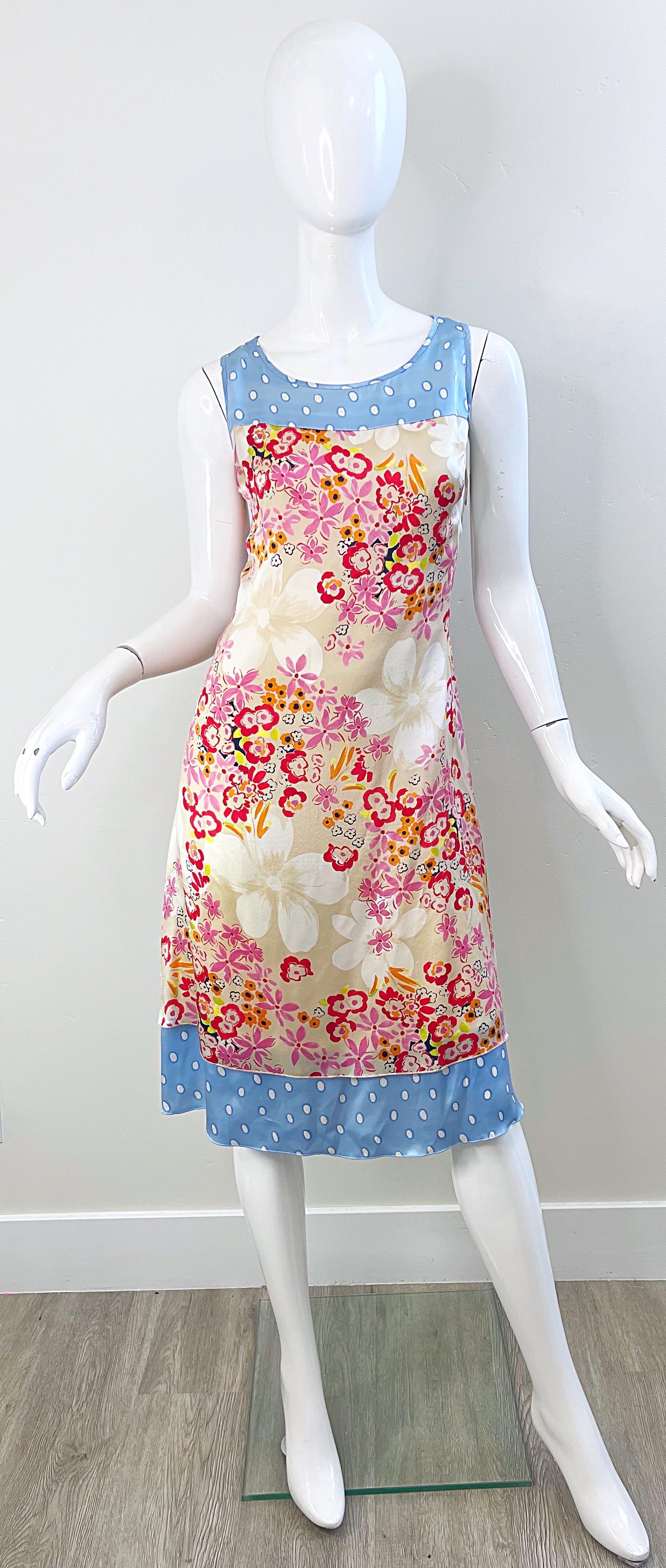 Beige 1990s Escada Sport Size 44 / 12 Flowers Polka Dot Print Vintage 90s Silk Dress For Sale