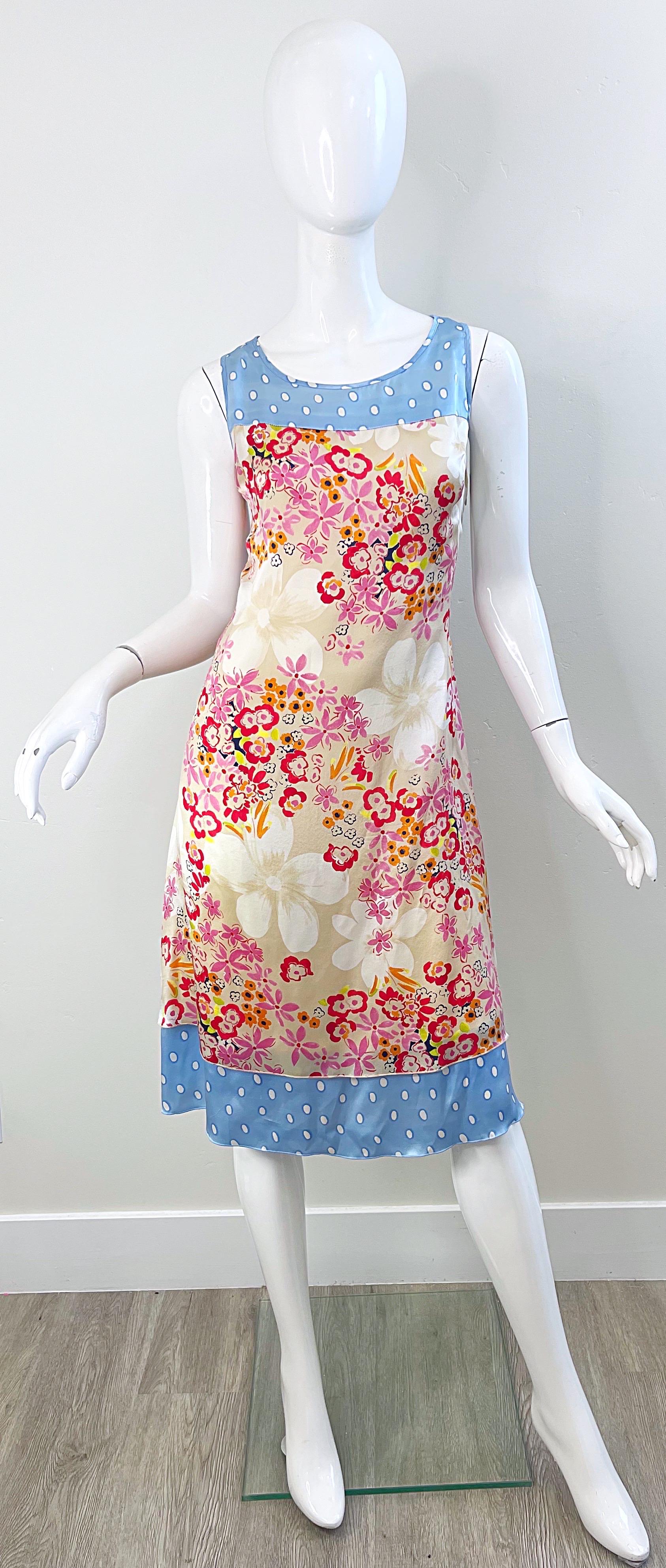 Beige 1990 Escada Sport Taille 44 / 12 Flowers Polka Dot Print Vintage 90s Silk Dress en vente