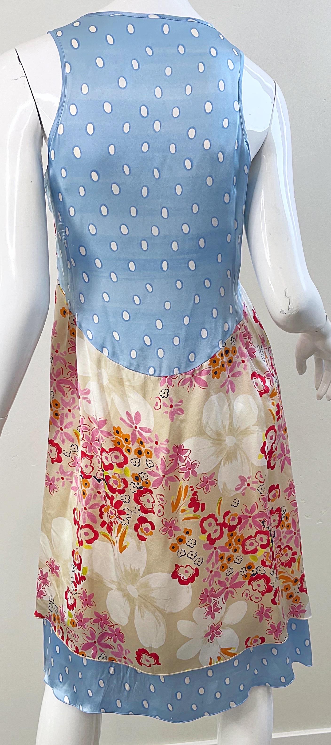 1990s Escada Sport Size 44 / 12 Flowers Polka Dot Print Vintage 90s Silk Dress In Excellent Condition For Sale In San Diego, CA