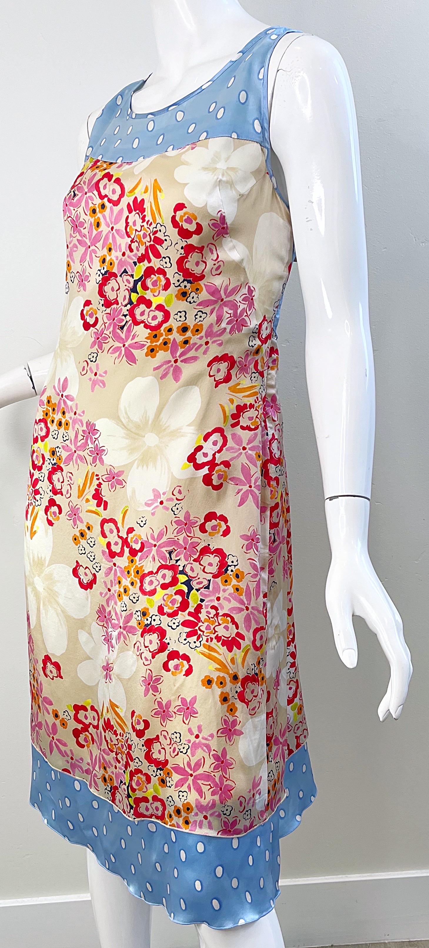 1990s Escada Sport Size 44 / 12 Flowers Polka Dot Print Vintage 90s Silk Dress For Sale 1