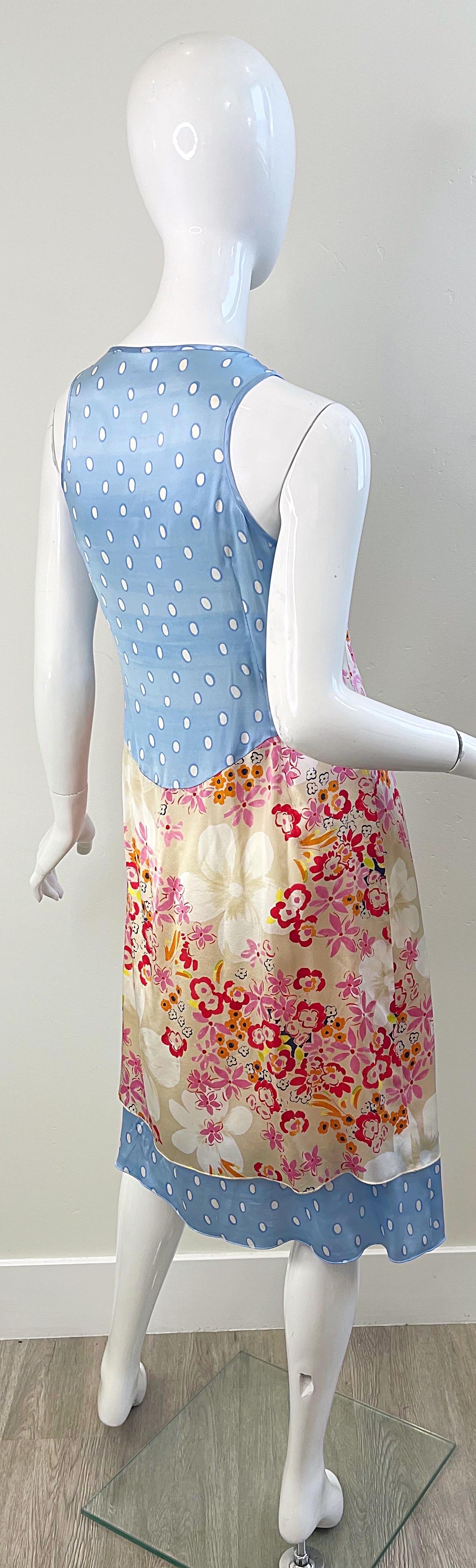 1990s Escada Sport Size 44 / 12 Flowers Polka Dot Print Vintage 90s Silk Dress For Sale 2
